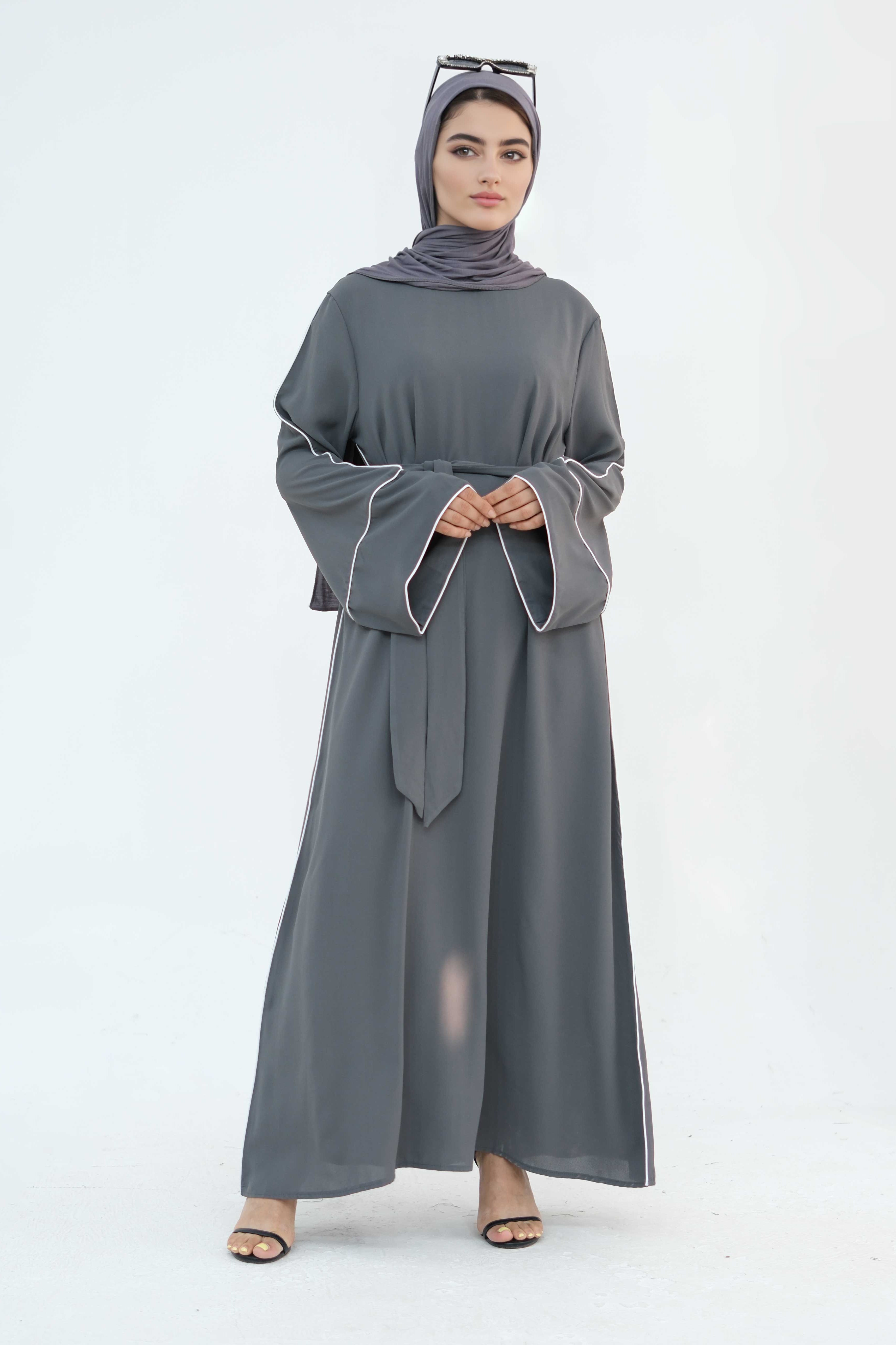 Alya Elegant Trimmed Abaya with Belt 882-Dark Grey