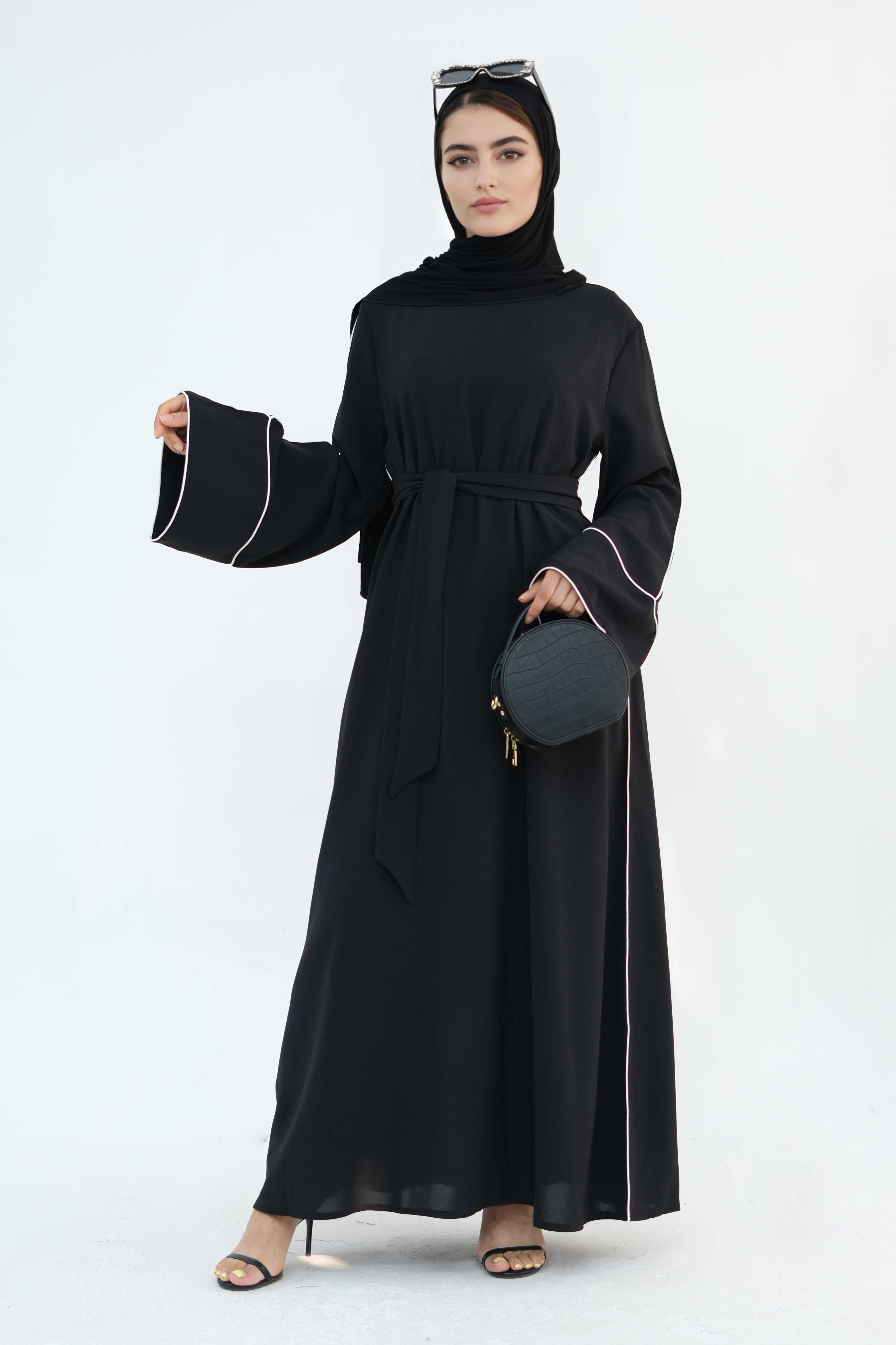 Alya Elegant Trimmed Abaya with Belt 882-Black