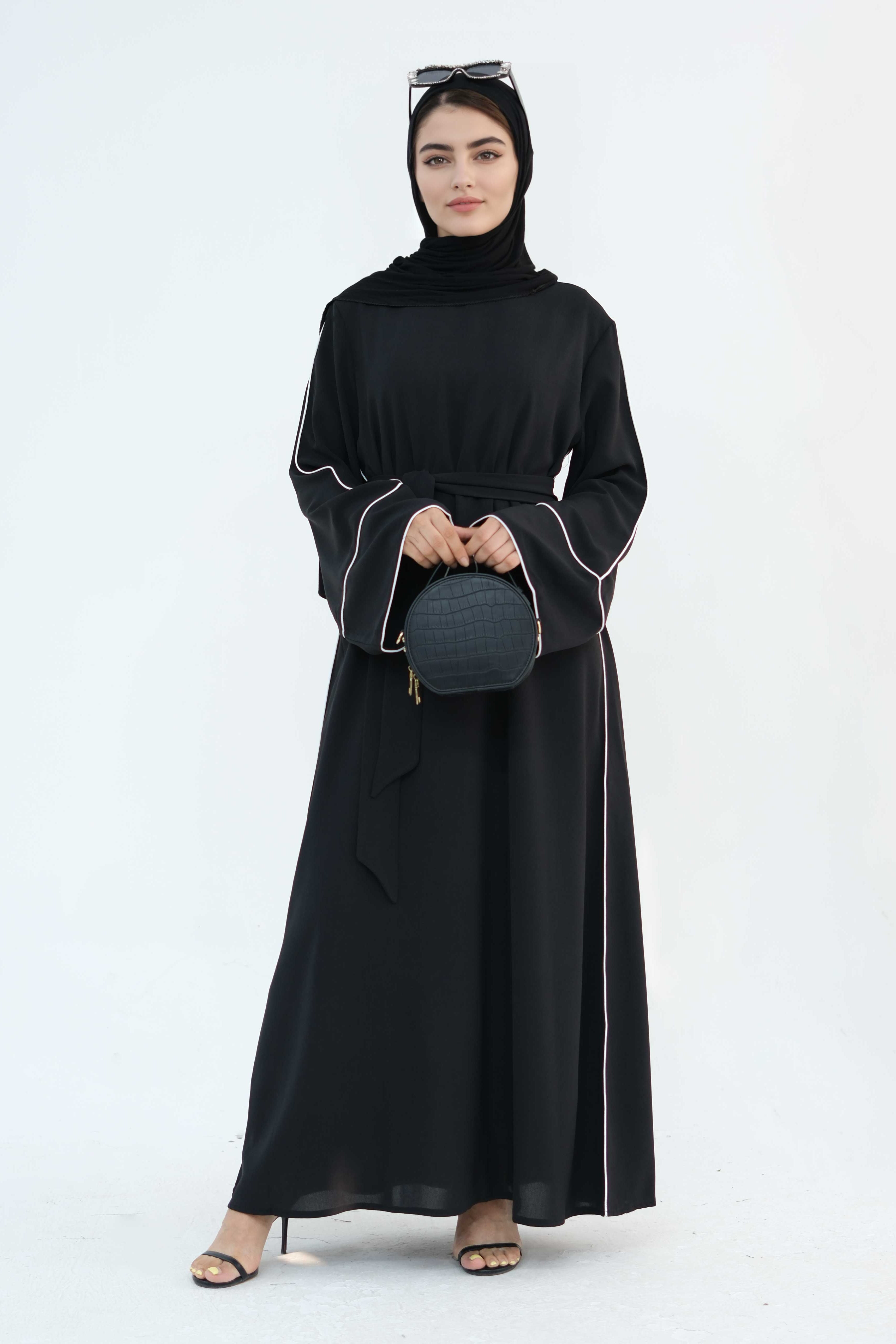 Alya Elegant Trimmed Abaya with Belt 882-Black