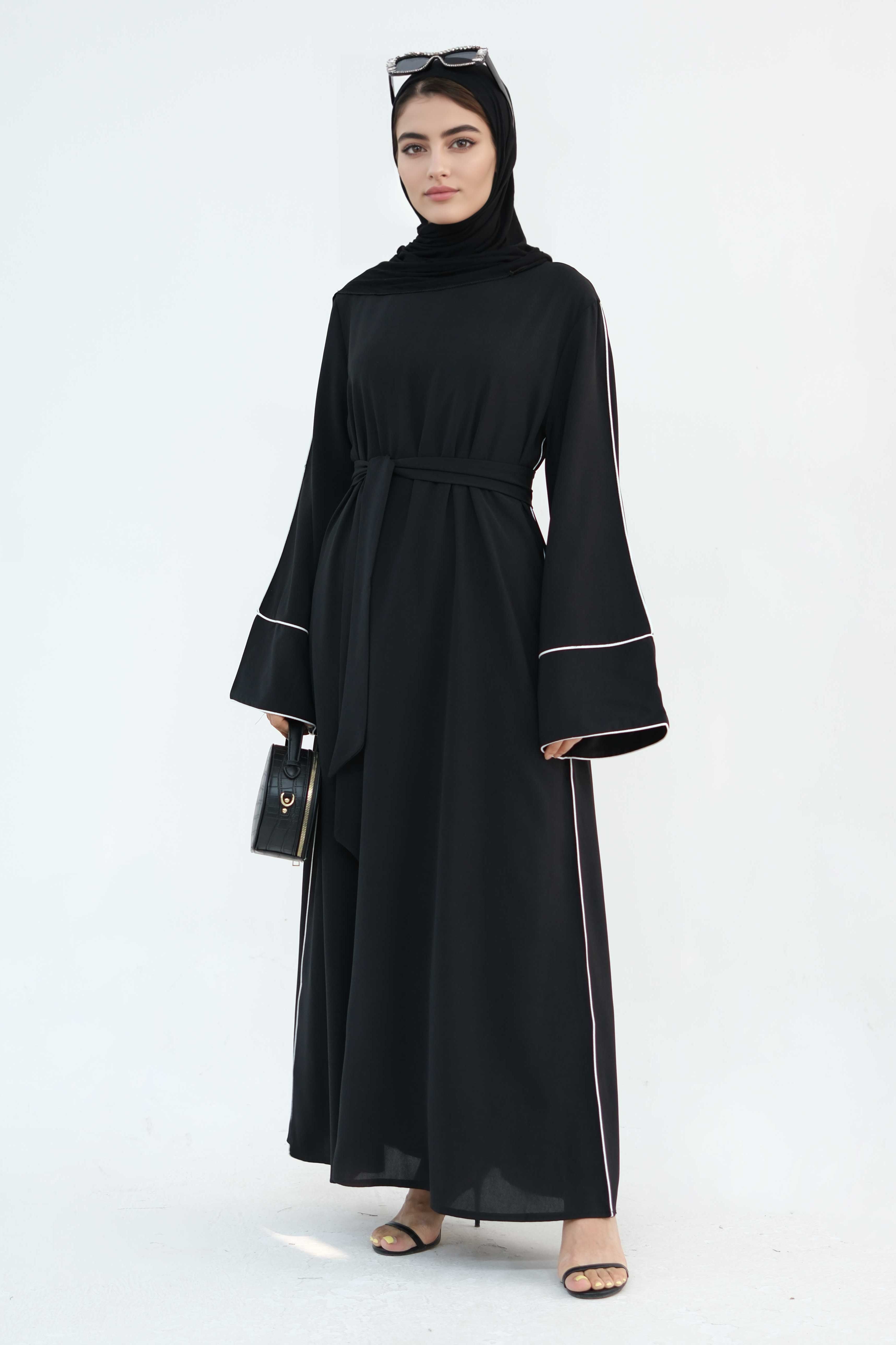 Alya Elegant Trimmed Abaya with Belt 882-Black