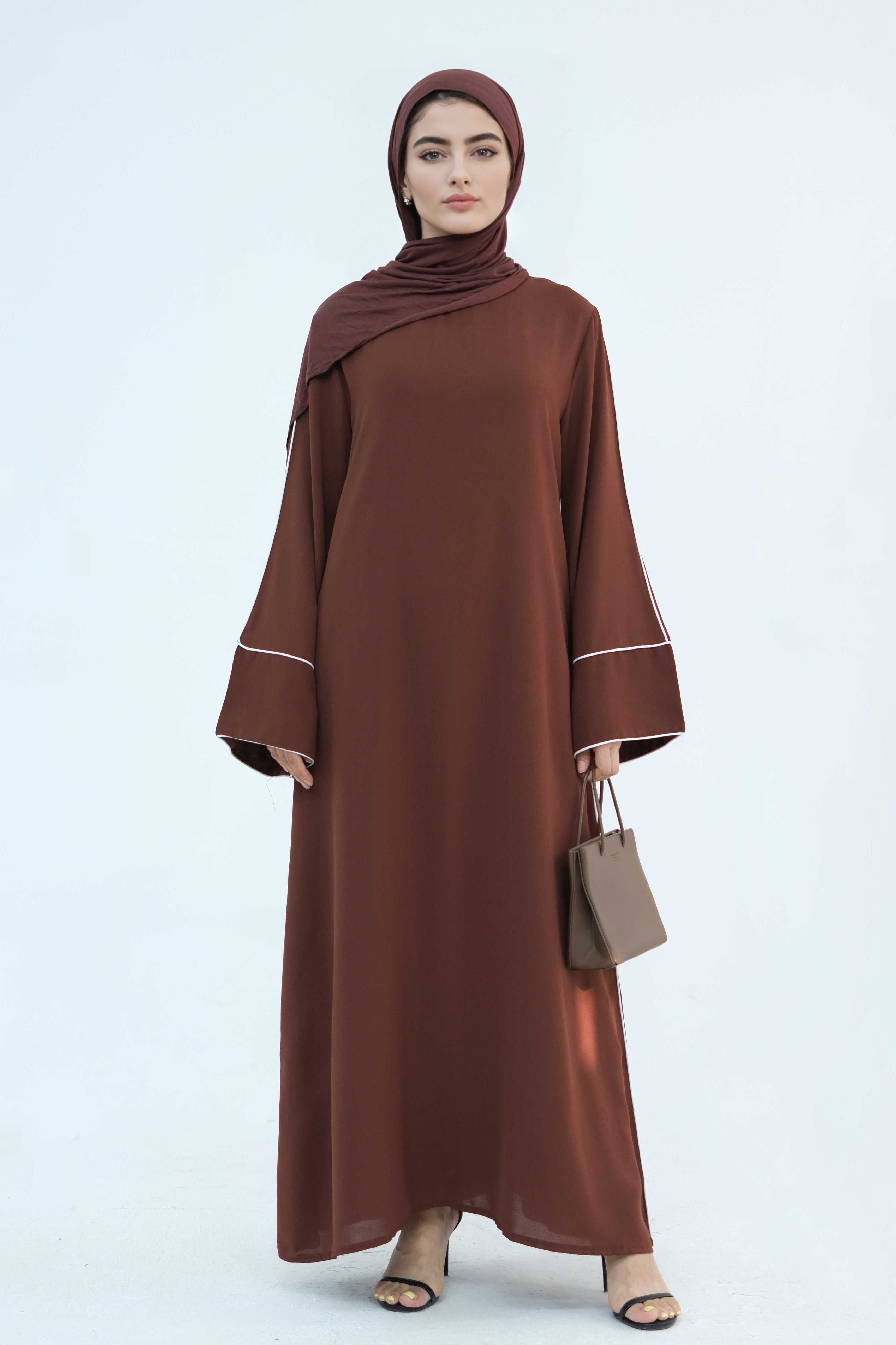 Alya Elegant Trimmed Abaya with Belt 882-Coffee