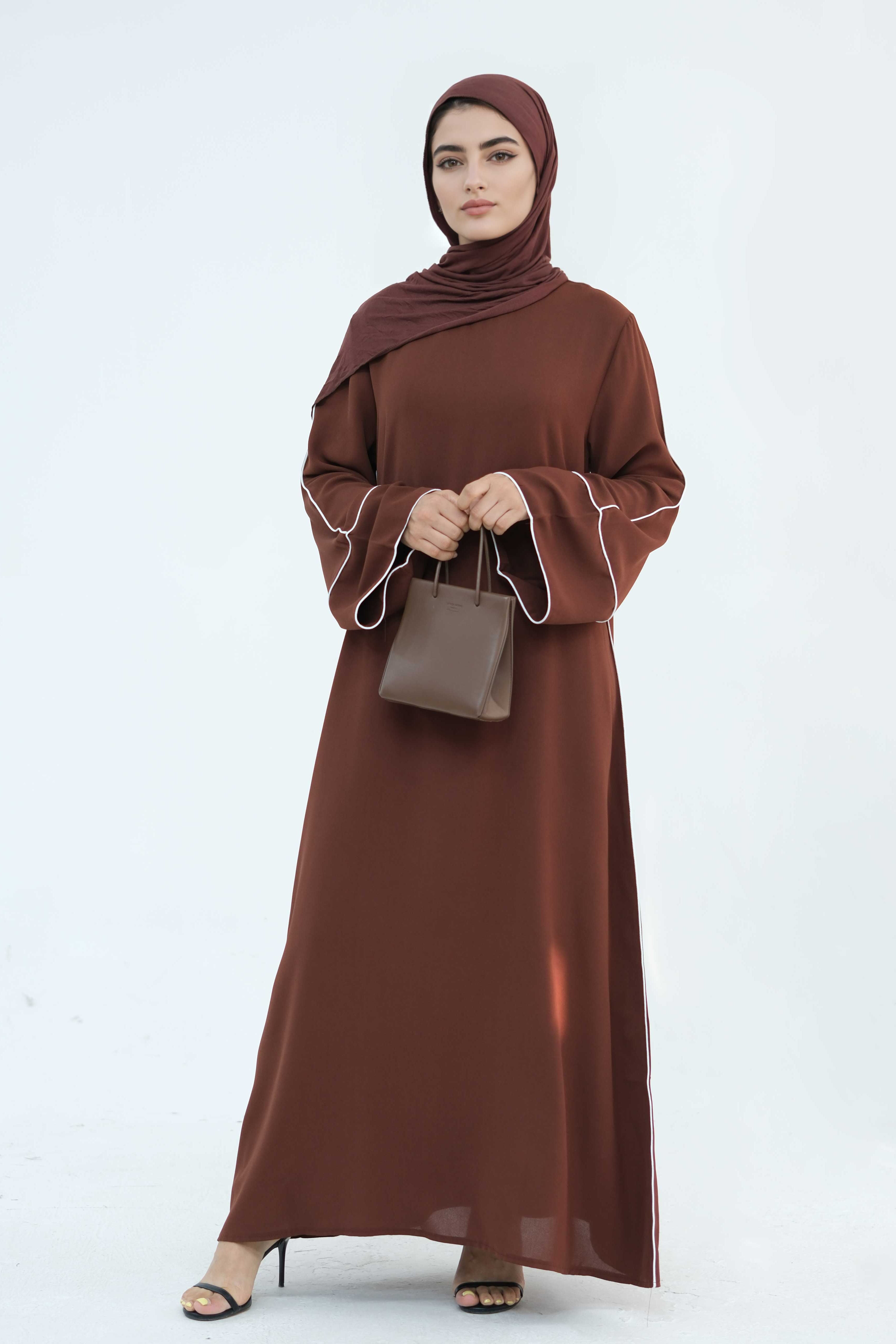 Alya Elegant Trimmed Abaya with Belt 882-Coffee