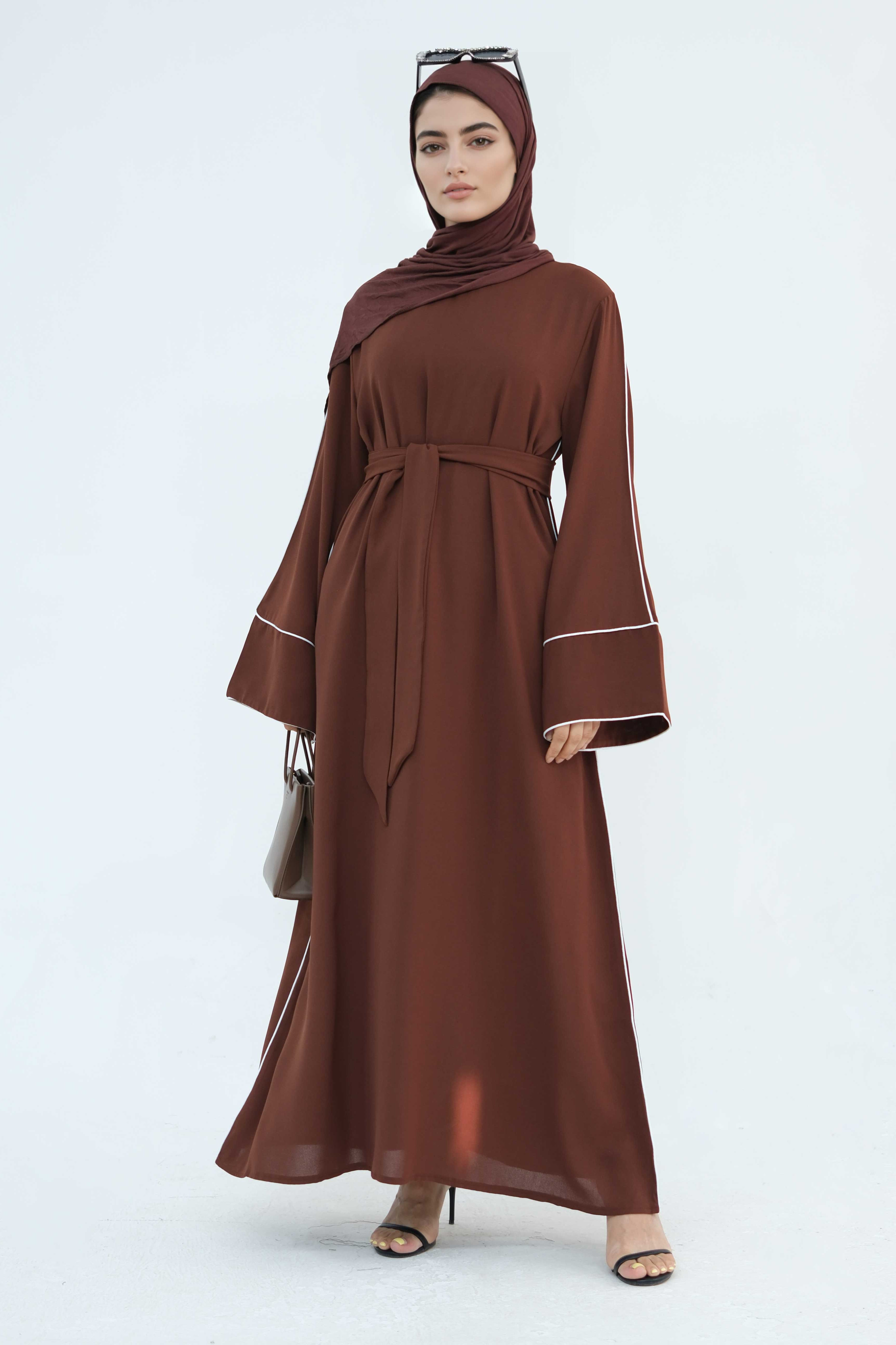 Alya Elegant Trimmed Abaya with Belt 882-Coffee