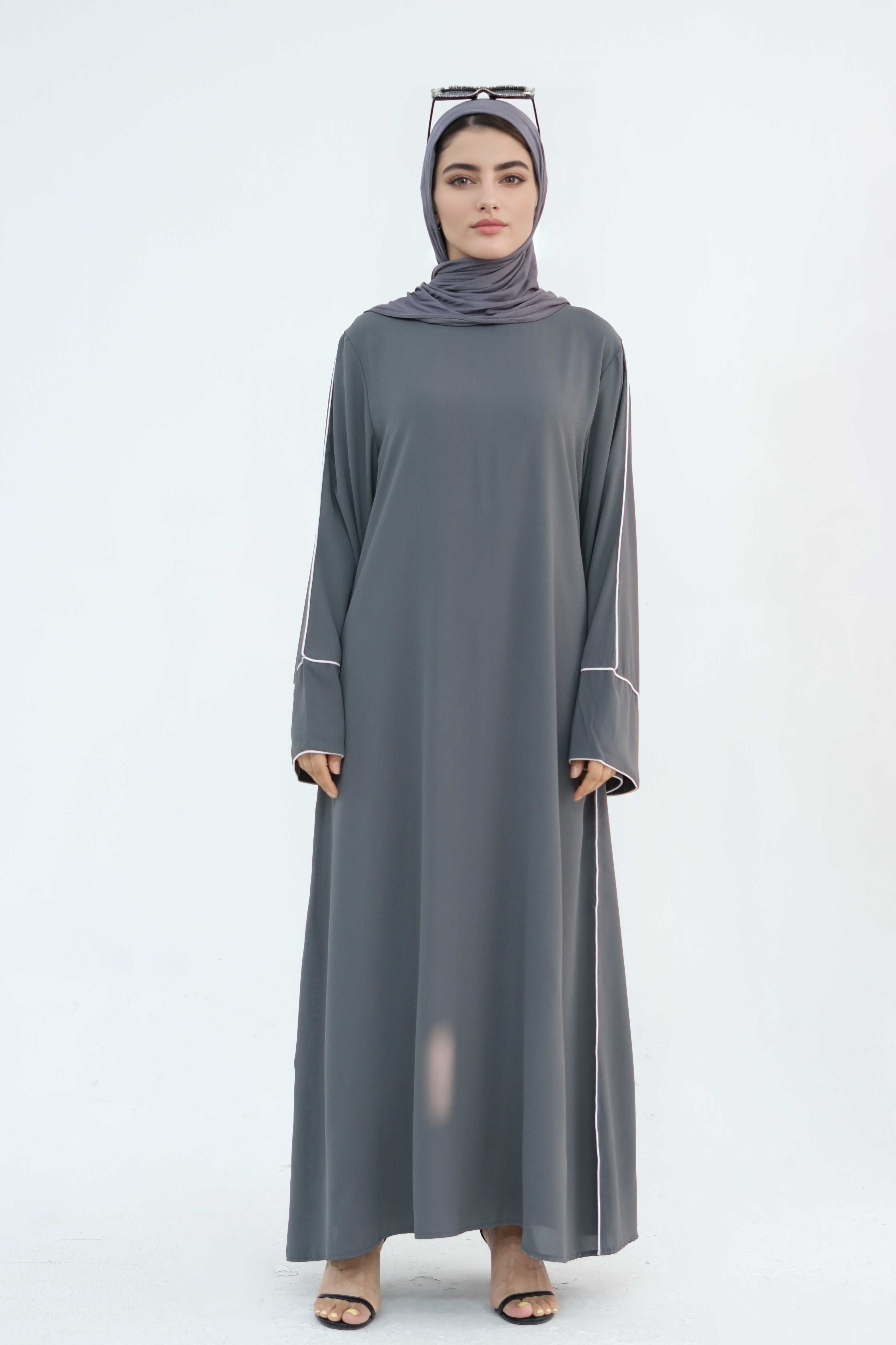 Alya Elegant Trimmed Abaya with Belt 882-Dark Grey