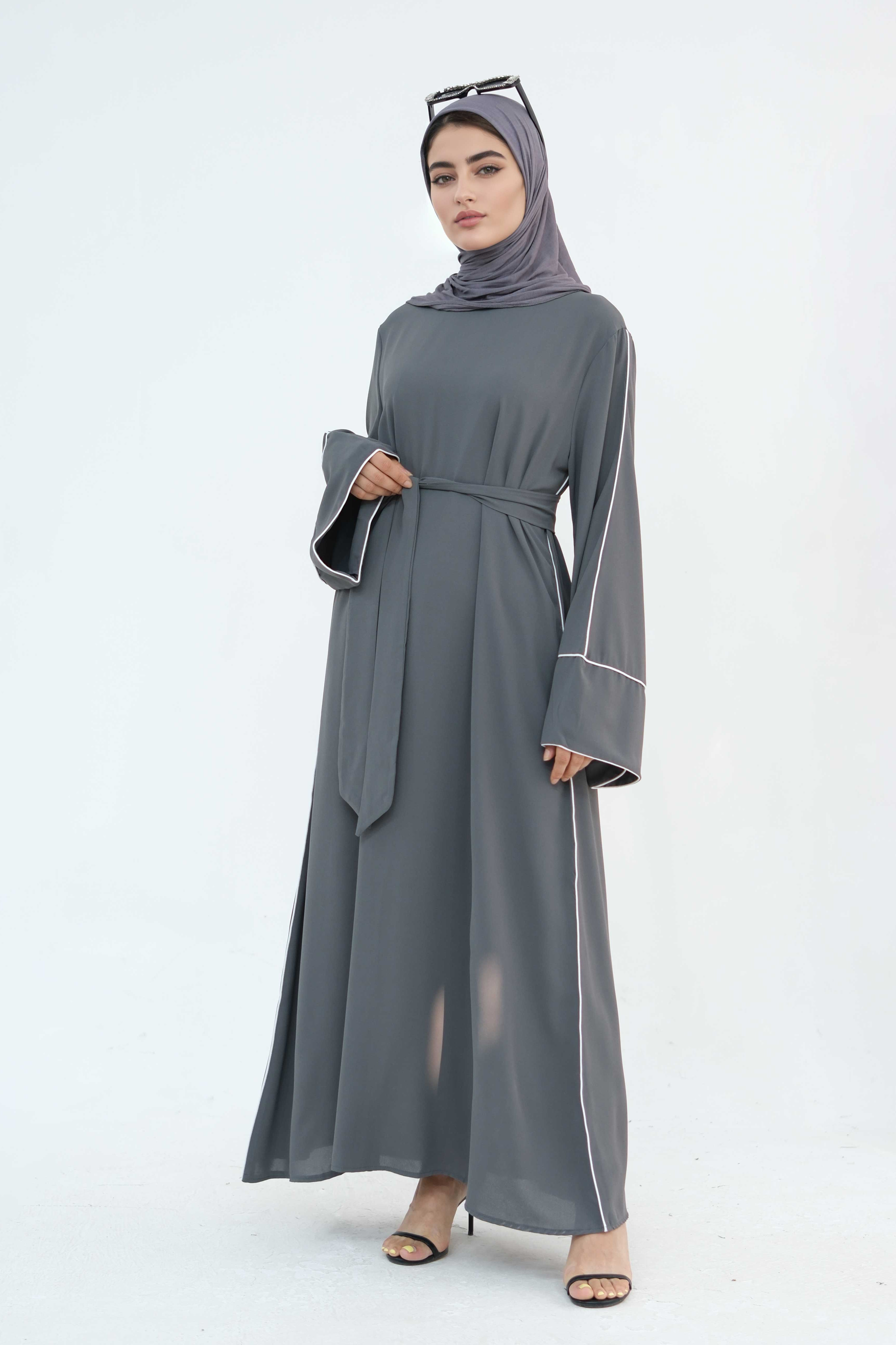 Alya Elegant Trimmed Abaya with Belt 882-Dark Grey