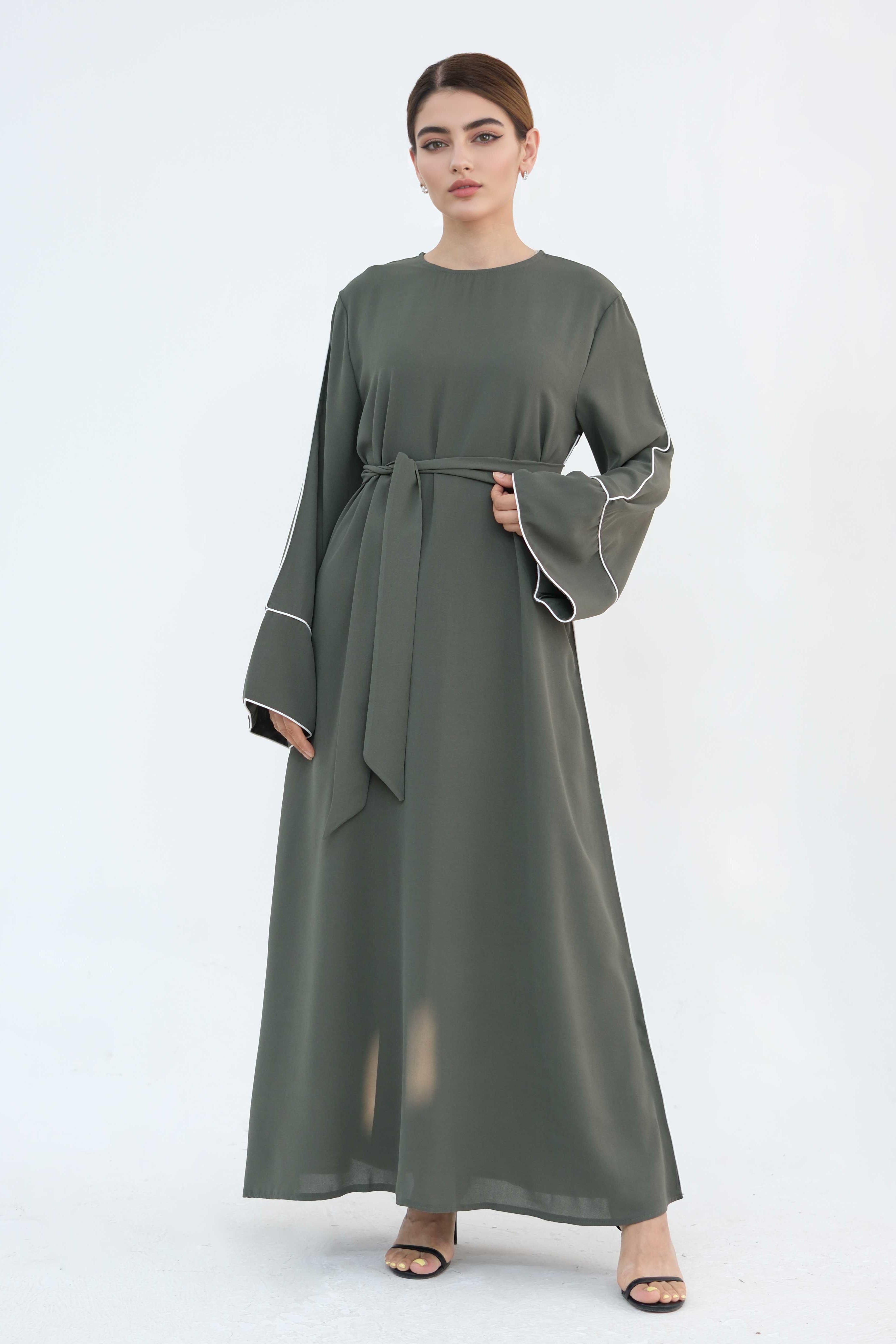 Alya Elegant Trimmed Abaya with Belt 882-Army Green