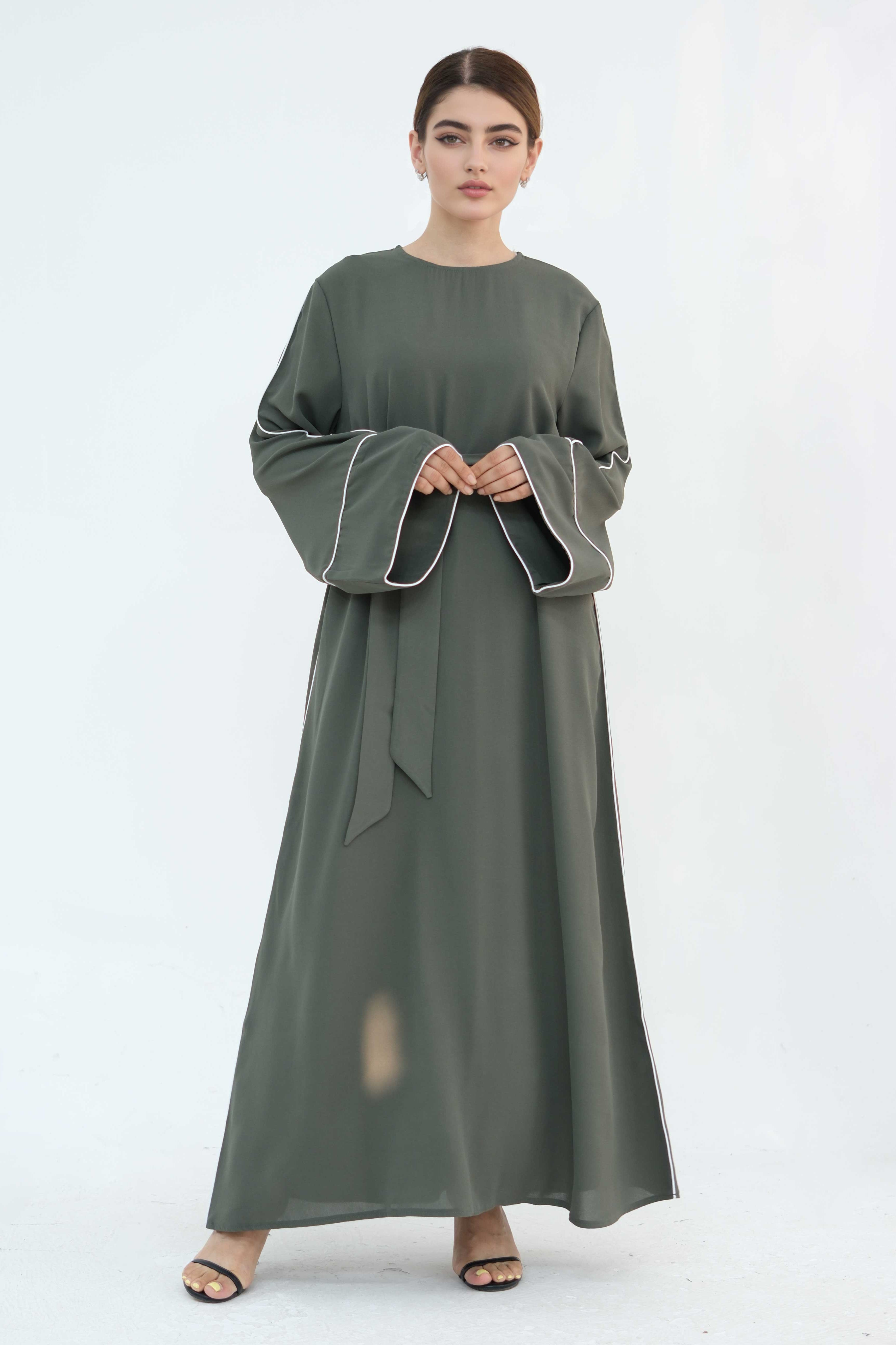 Alya Elegant Trimmed Abaya with Belt 882-Army Green