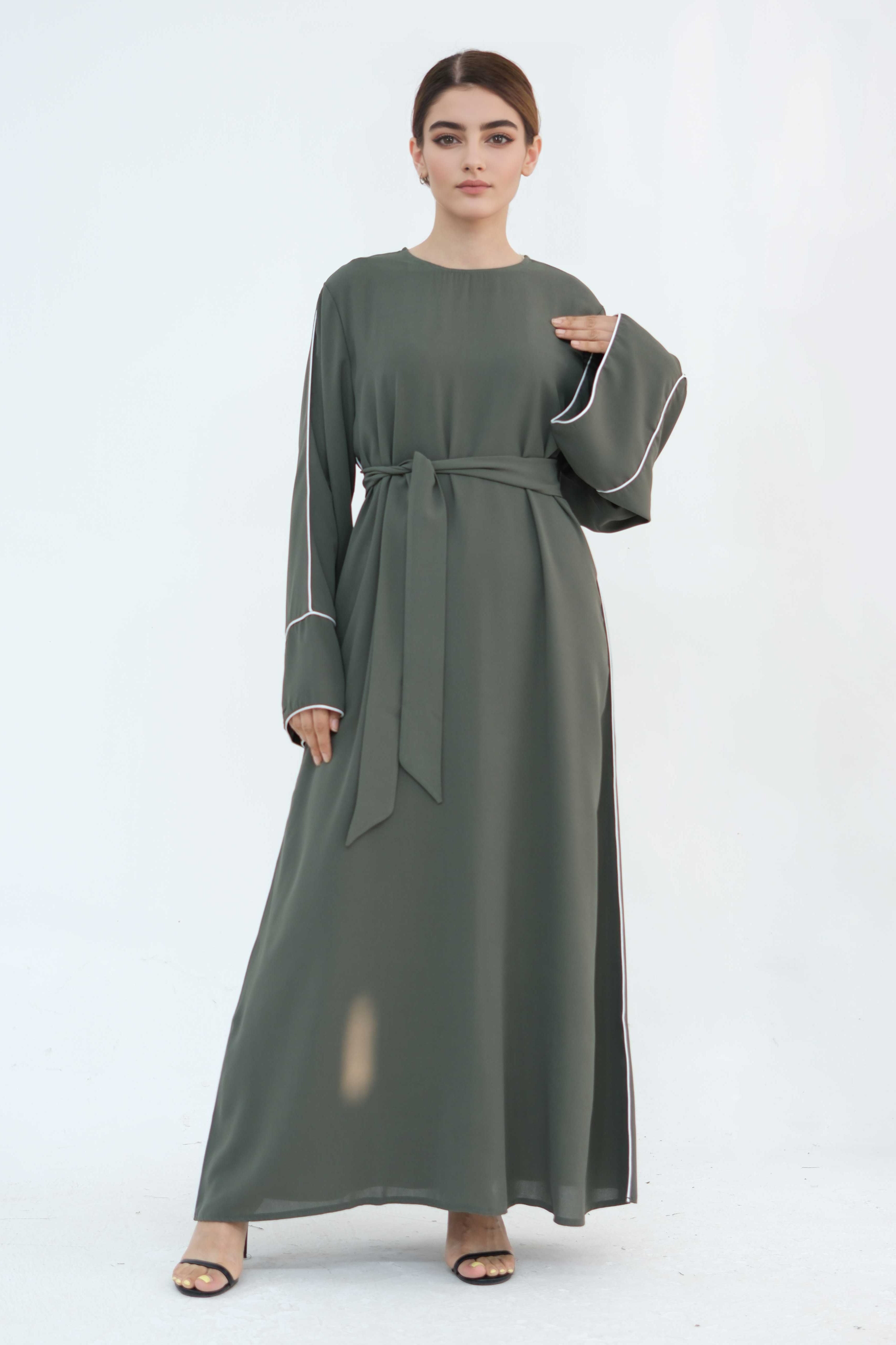 Alya Elegant Trimmed Abaya with Belt 882-Army Green