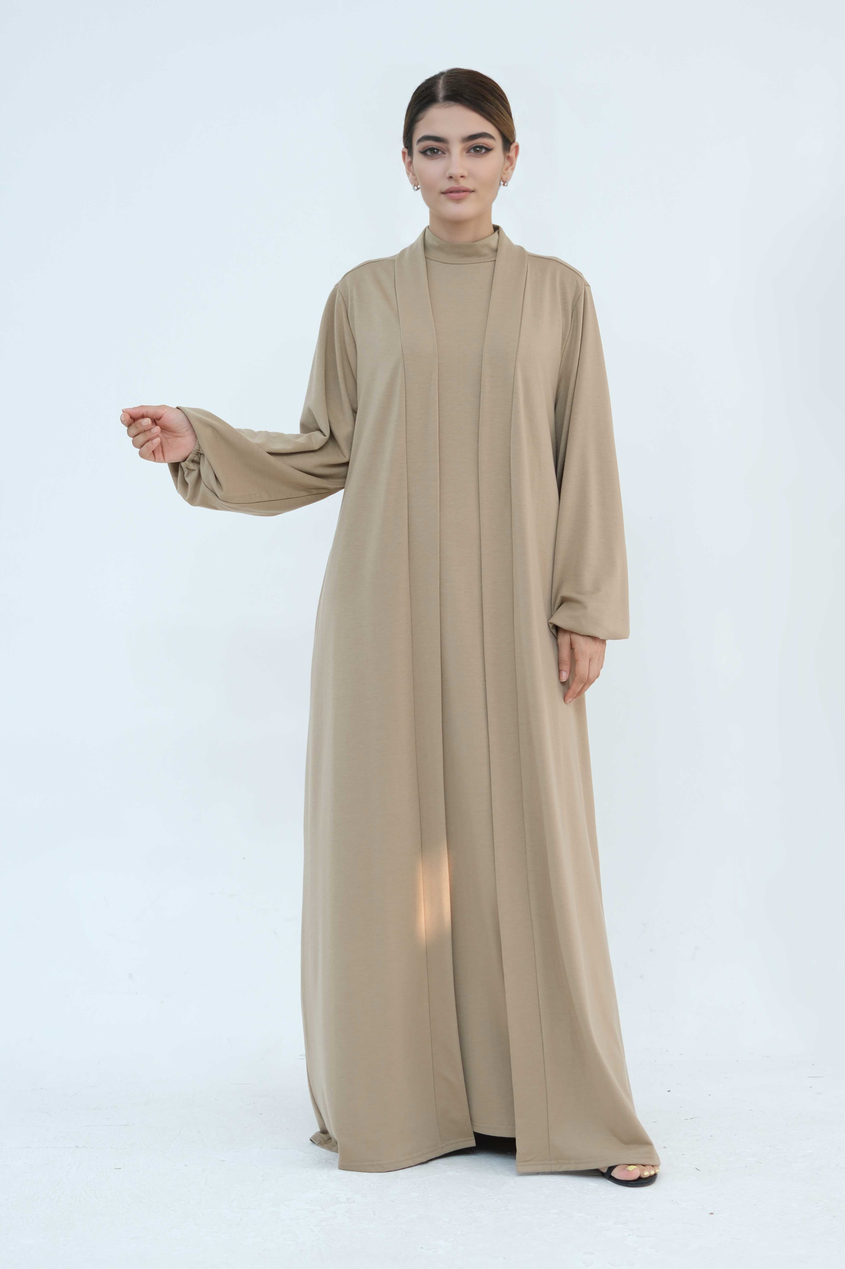 Yumna High Neck Two-Piece Abaya Set 886 - Khaki