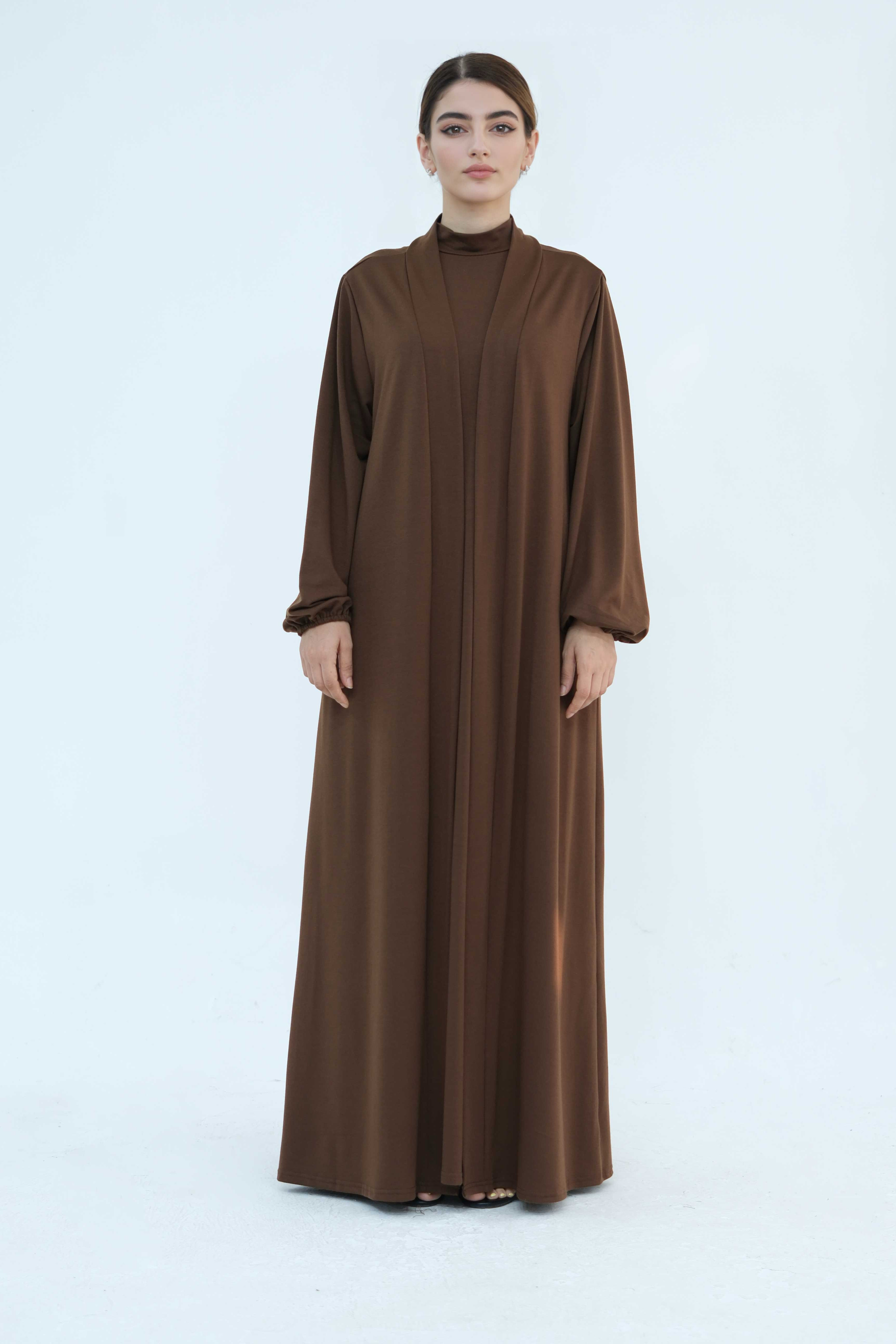 Yumna High Neck Two-Piece Abaya Set 886 - Coffee