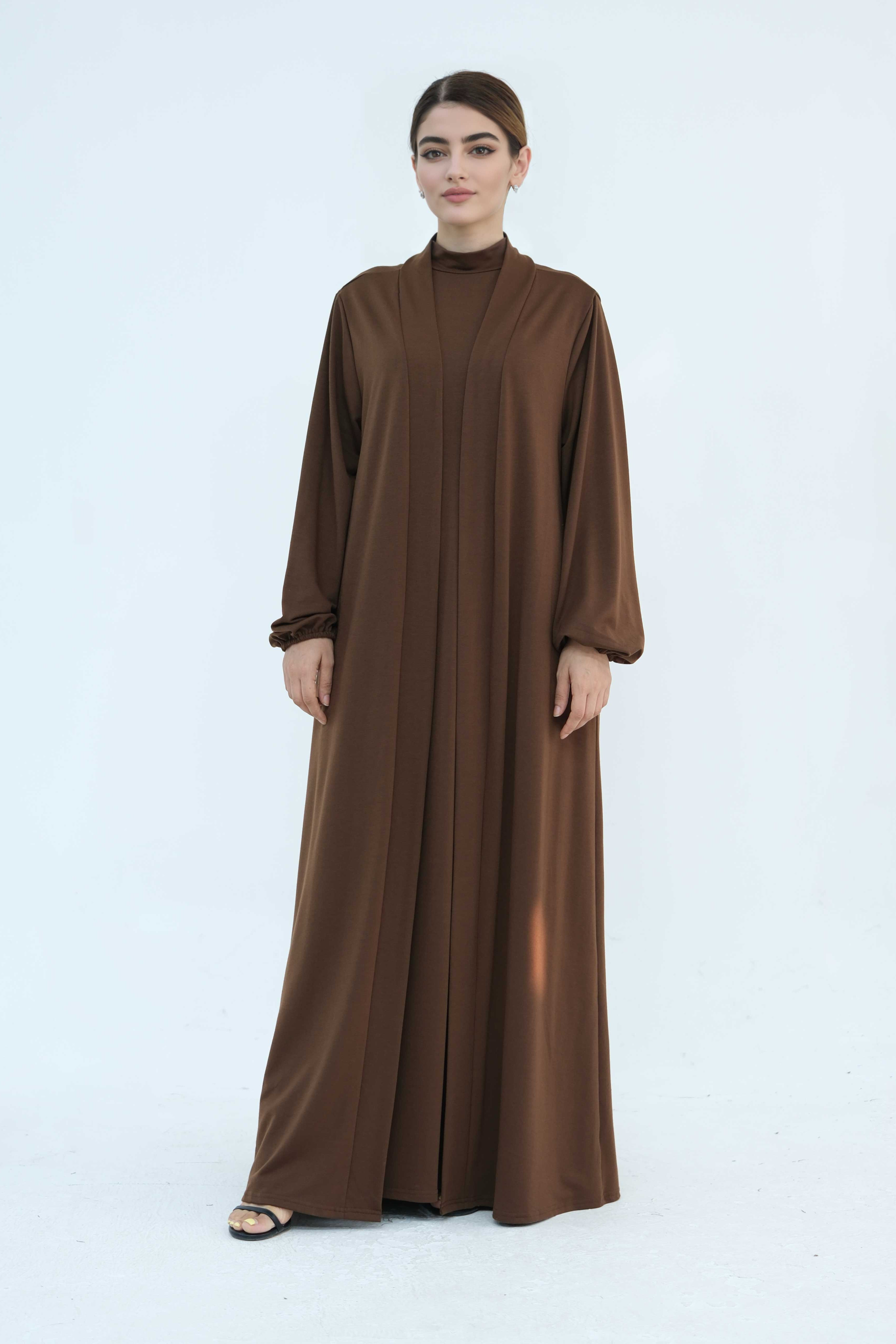 Yumna High Neck Two-Piece Abaya Set 886 - Coffee