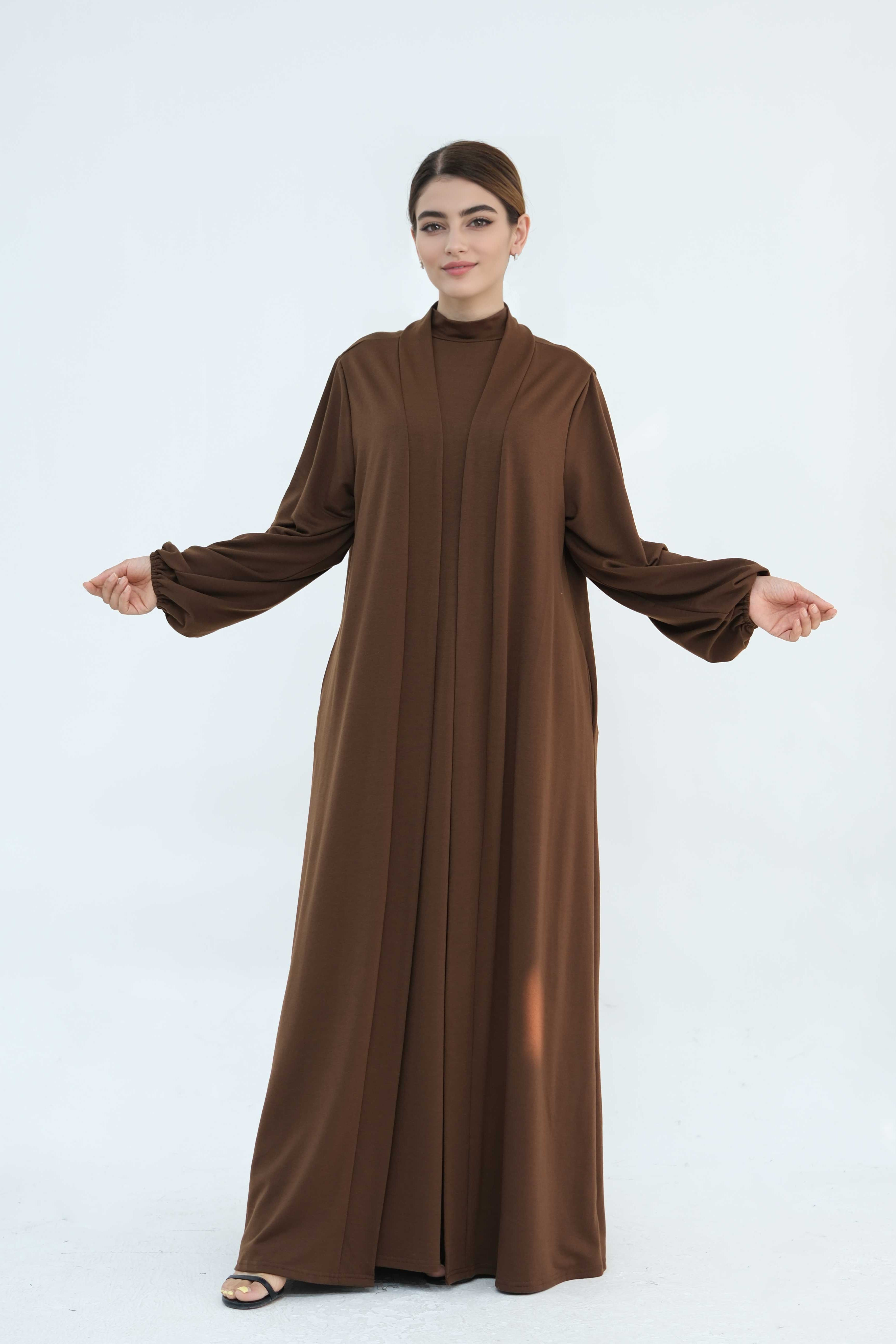 Yumna High Neck Two-Piece Abaya Set 886 - Coffee