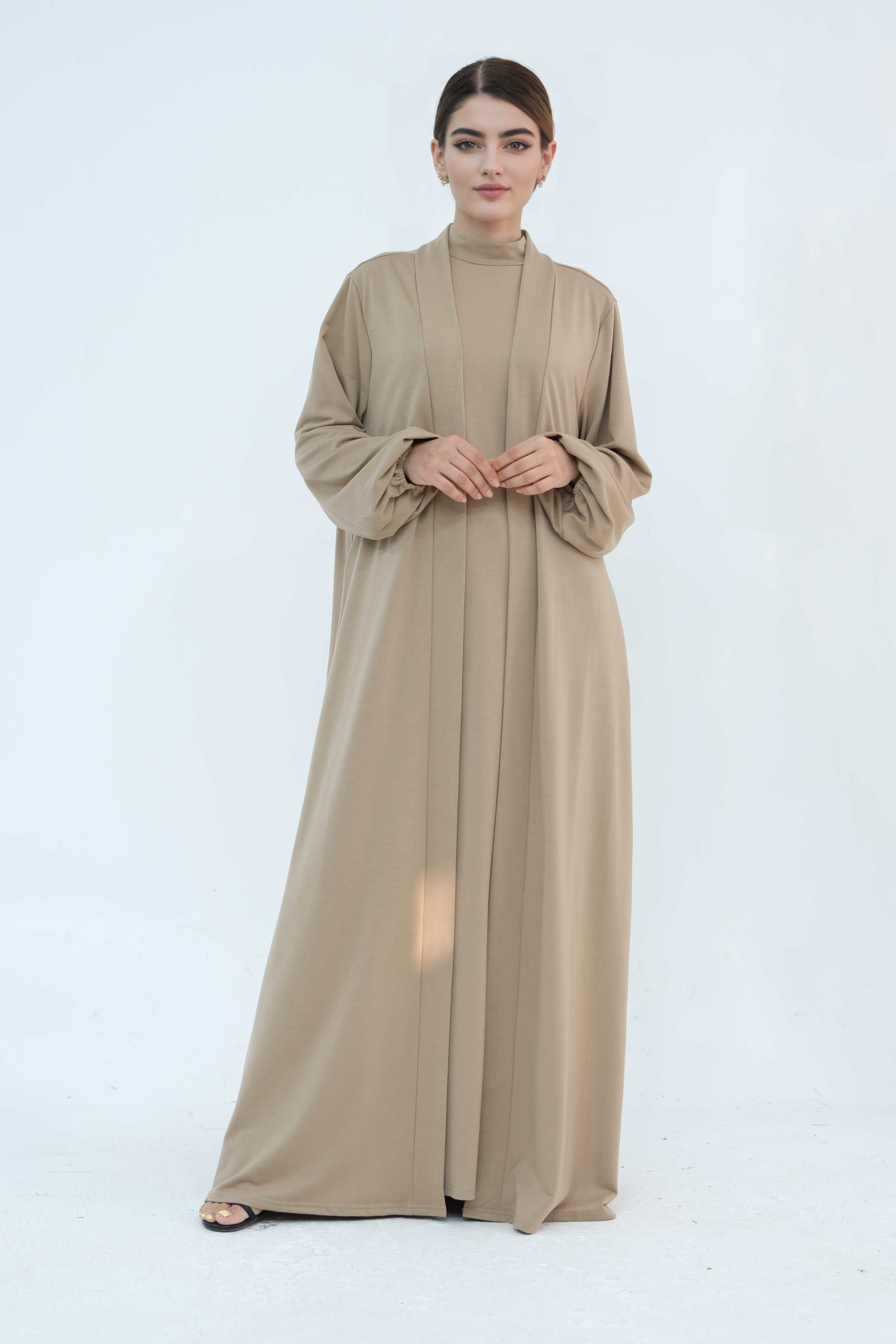 Yumna High Neck Two-Piece Abaya Set 886 - Khaki