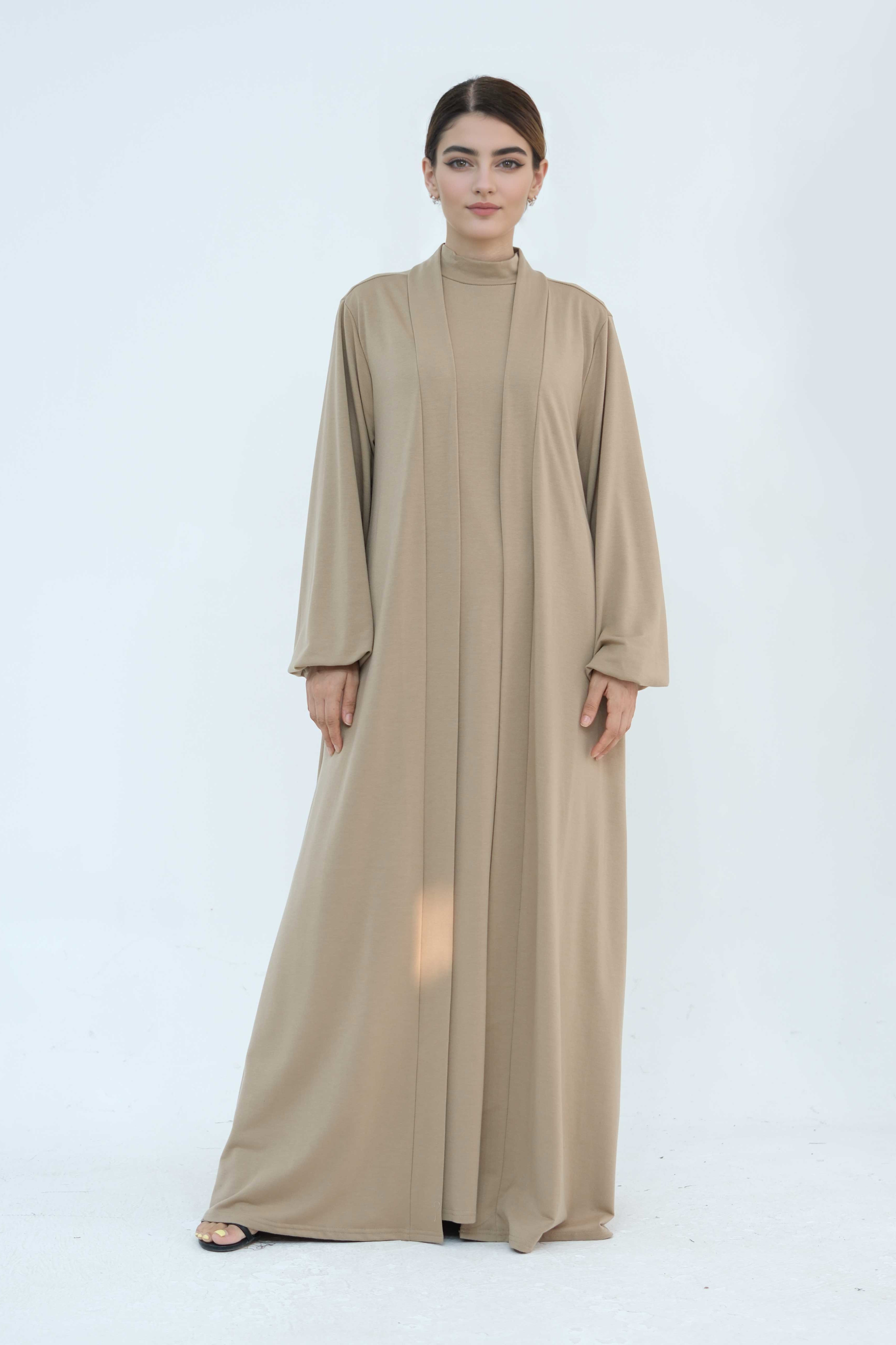 Yumna High Neck Two-Piece Abaya Set 886 - Khaki