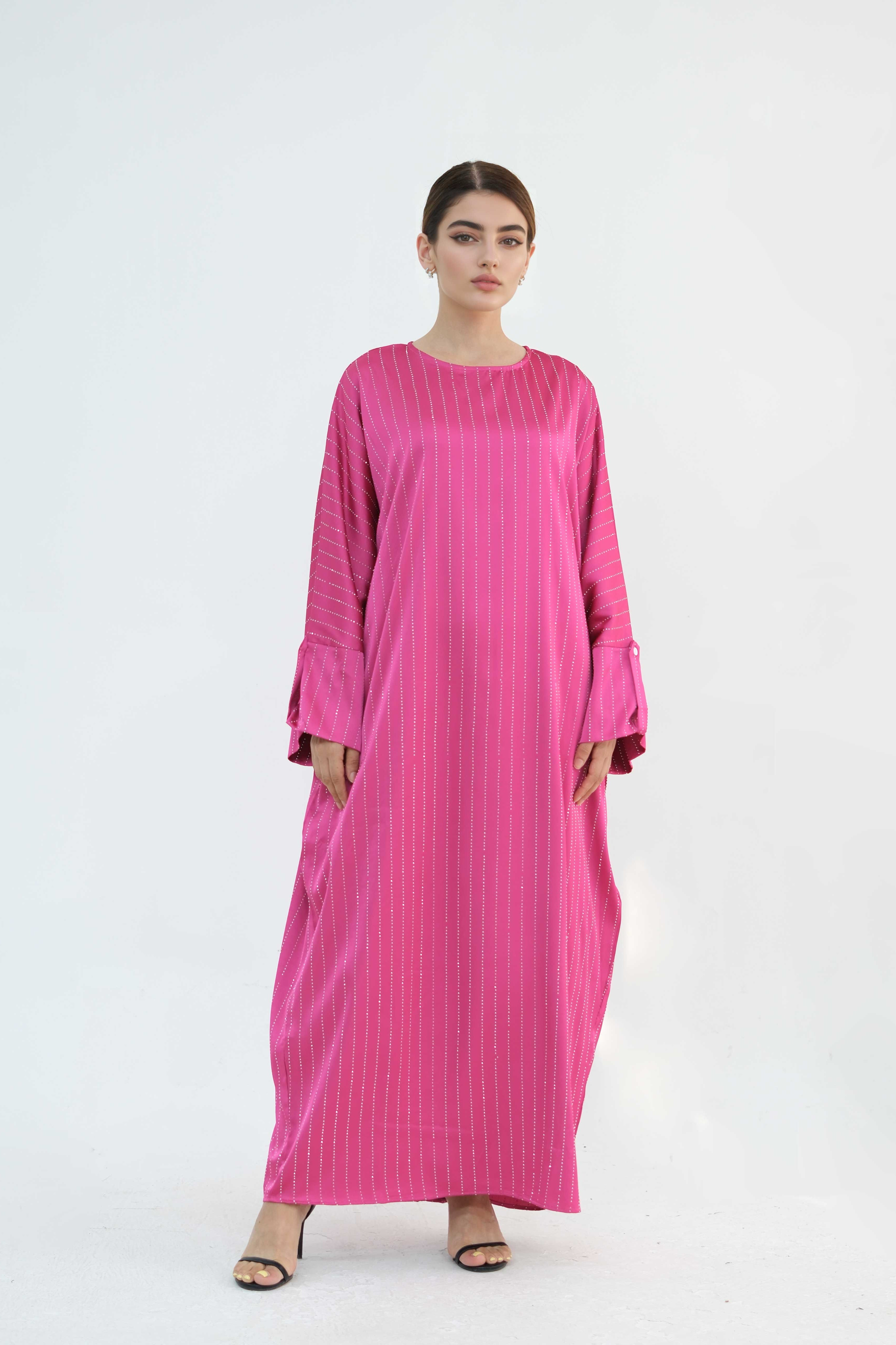 Naila Vertical Stripe Design Maxi Dress Abaya 884-Rose Red