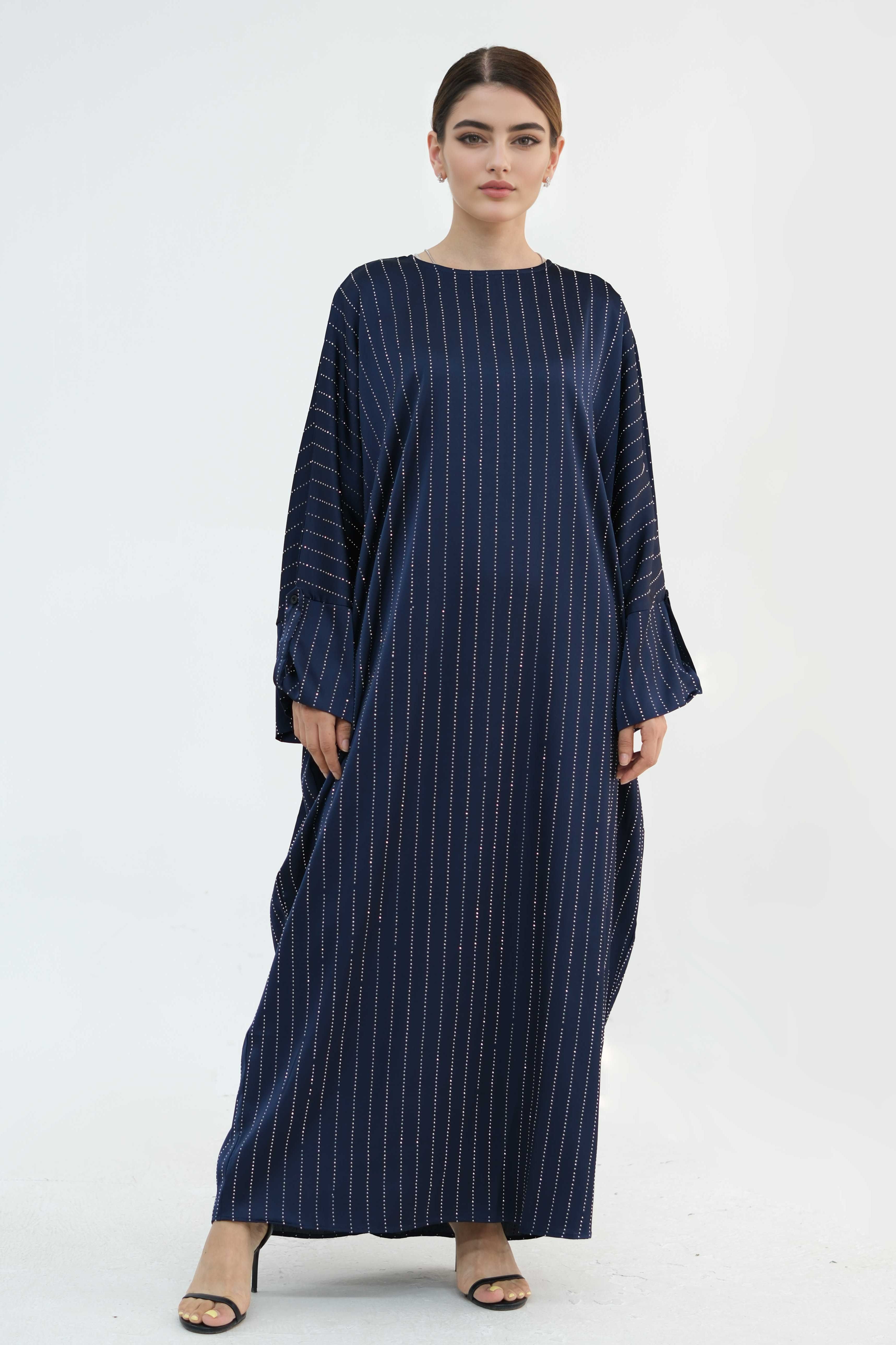 Naila Vertical Stripe Design Maxi Dress Abaya 884-Dark Blue