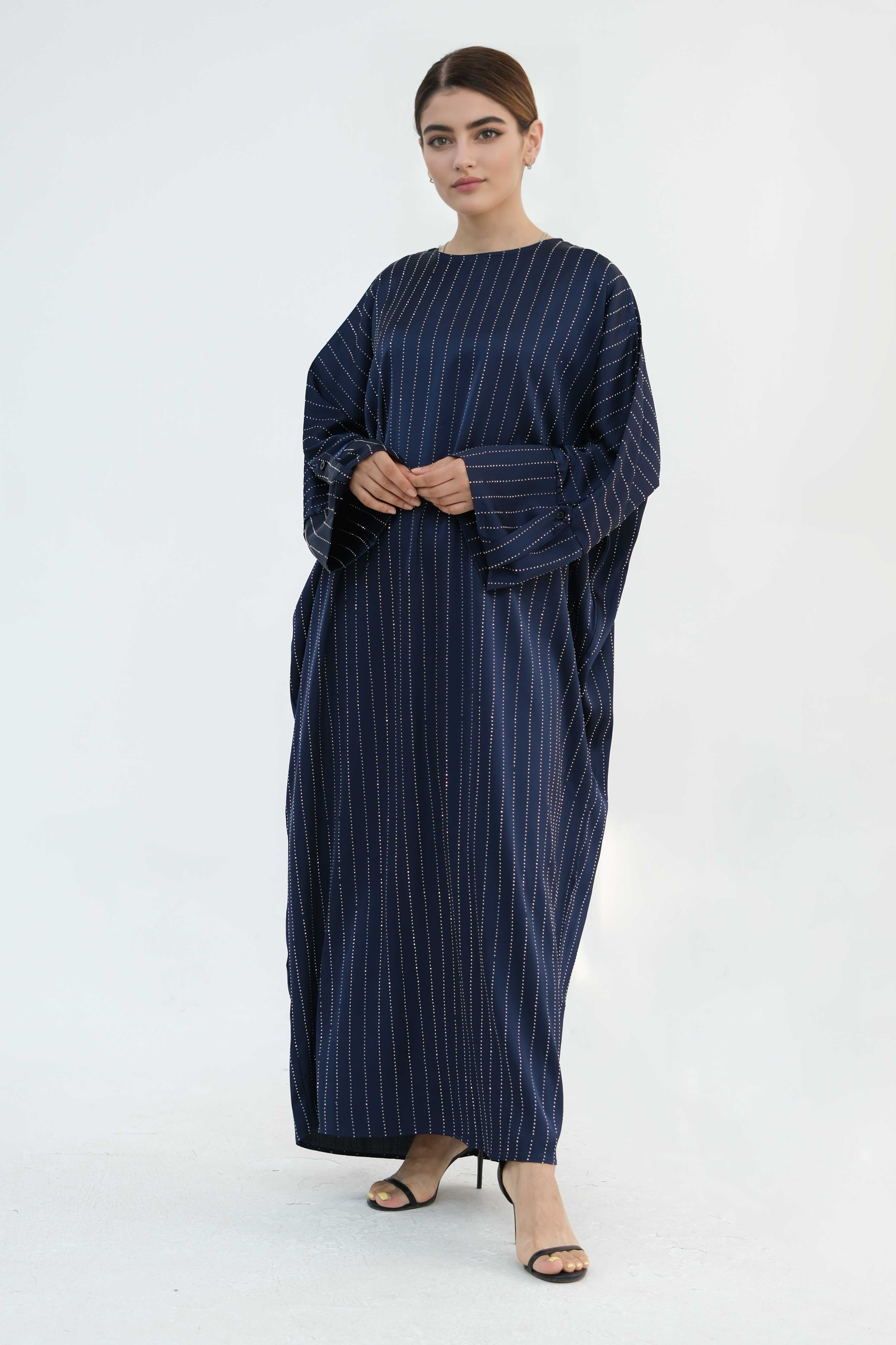 Naila Vertical Stripe Design Maxi Dress Abaya 884-Dark Blue