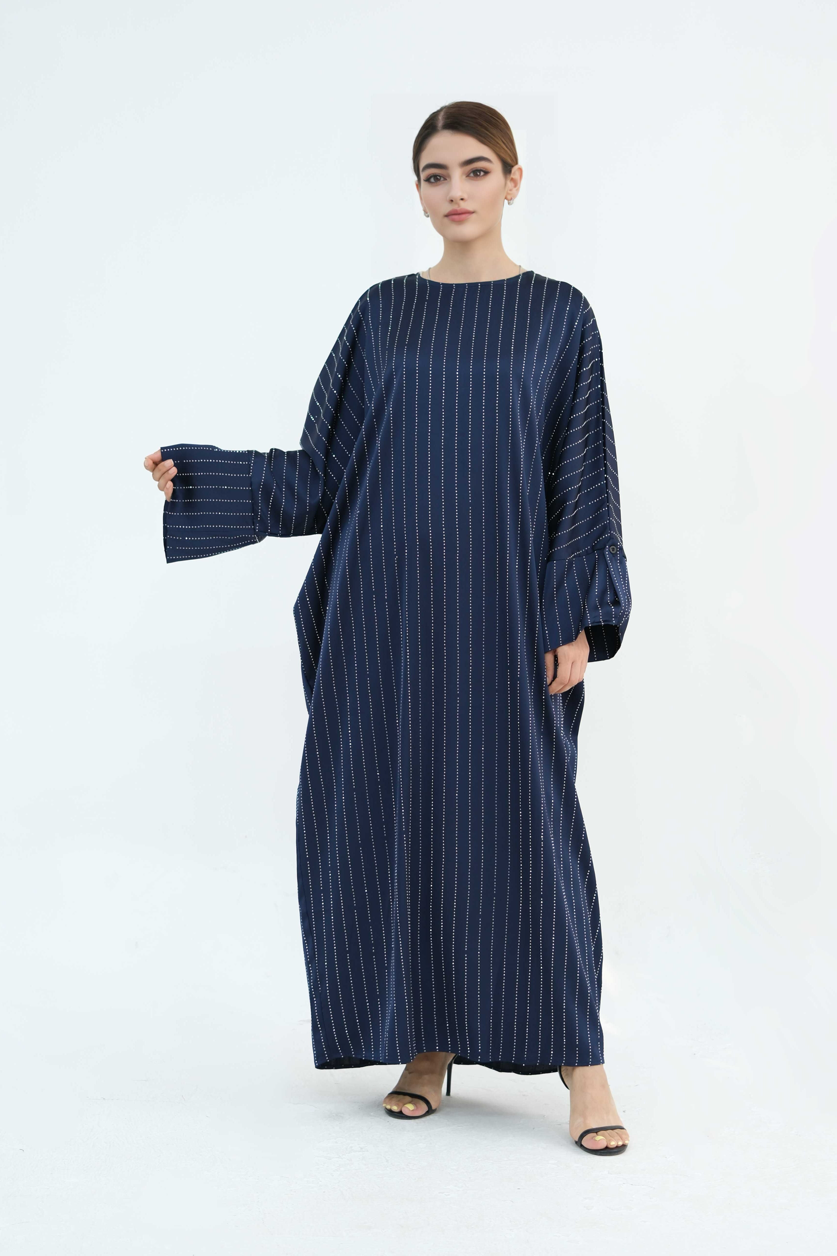 Naila Vertical Stripe Design Maxi Dress Abaya 884-Dark Blue