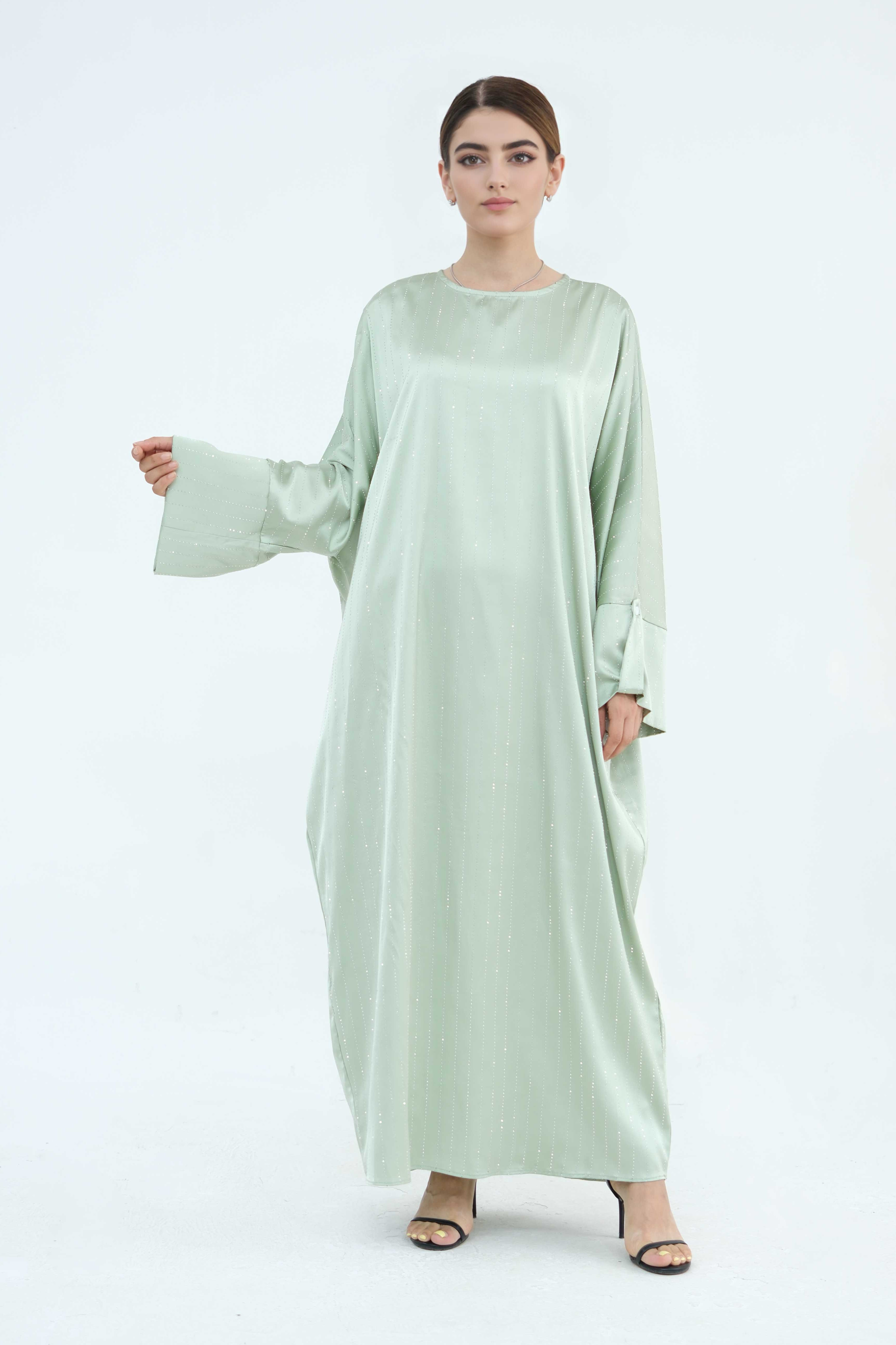 Naila Vertical Stripe Design Maxi Dress Abaya 884-Light Green