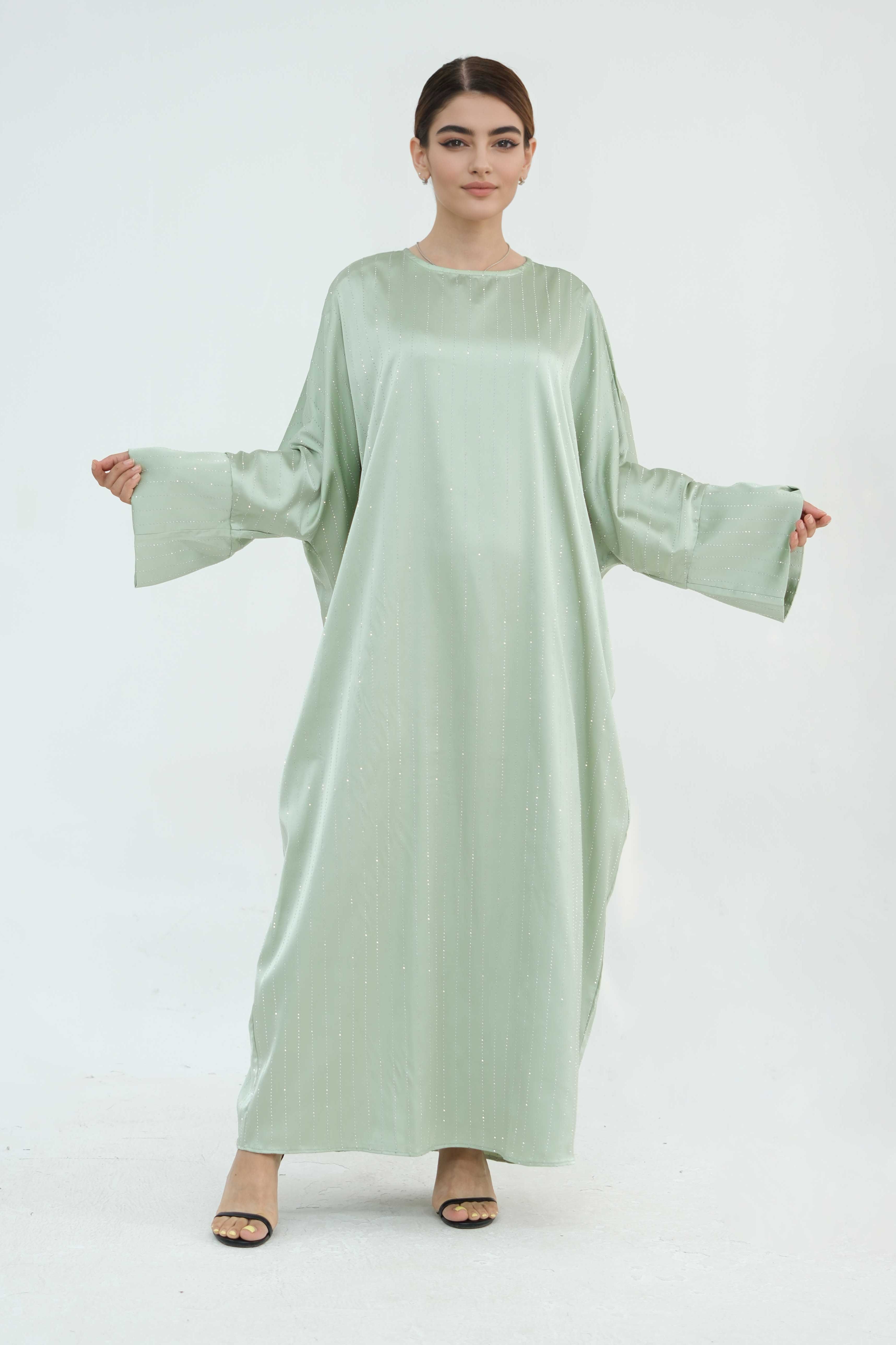 Naila Vertical Stripe Design Maxi Dress Abaya 884-Light Green