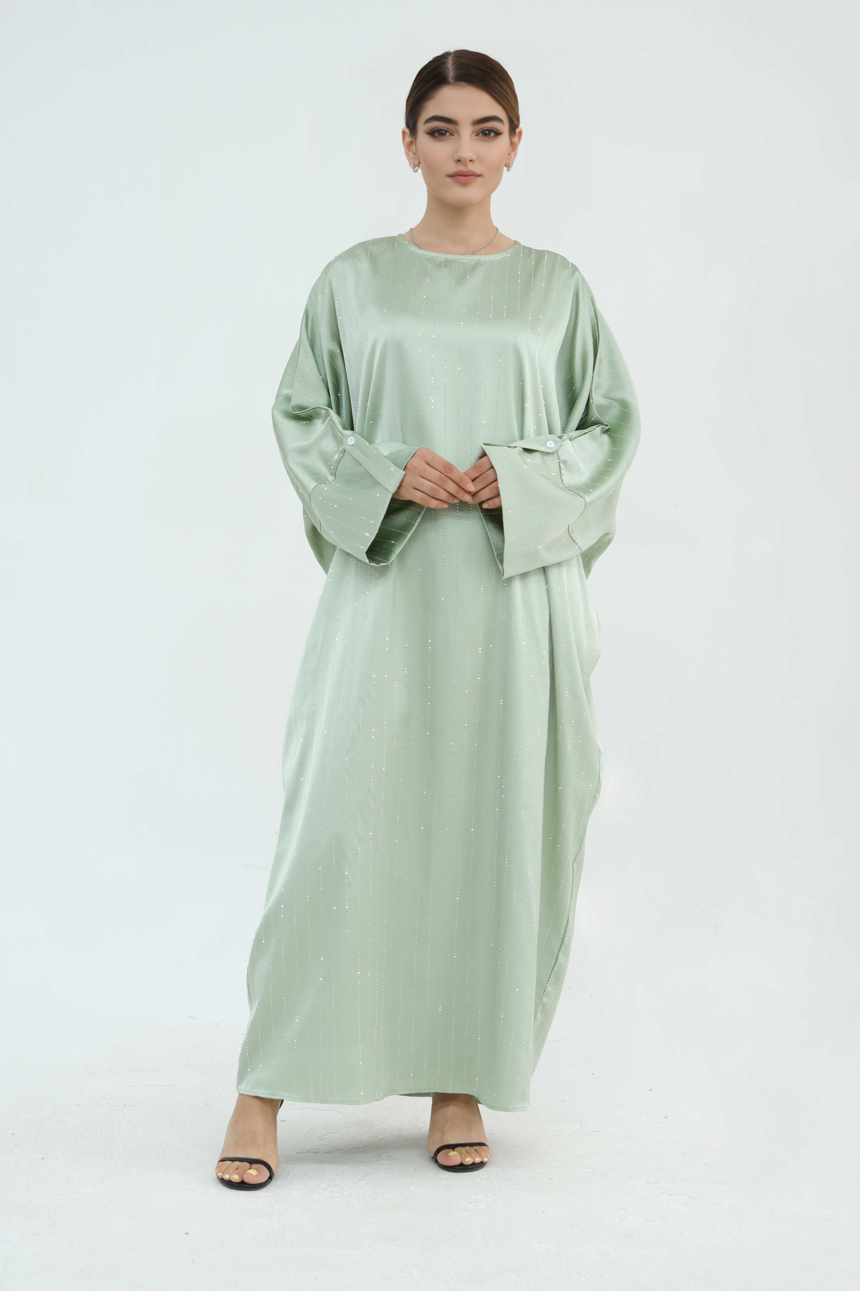 Naila Vertical Stripe Design Maxi Dress Abaya 884-Light Green