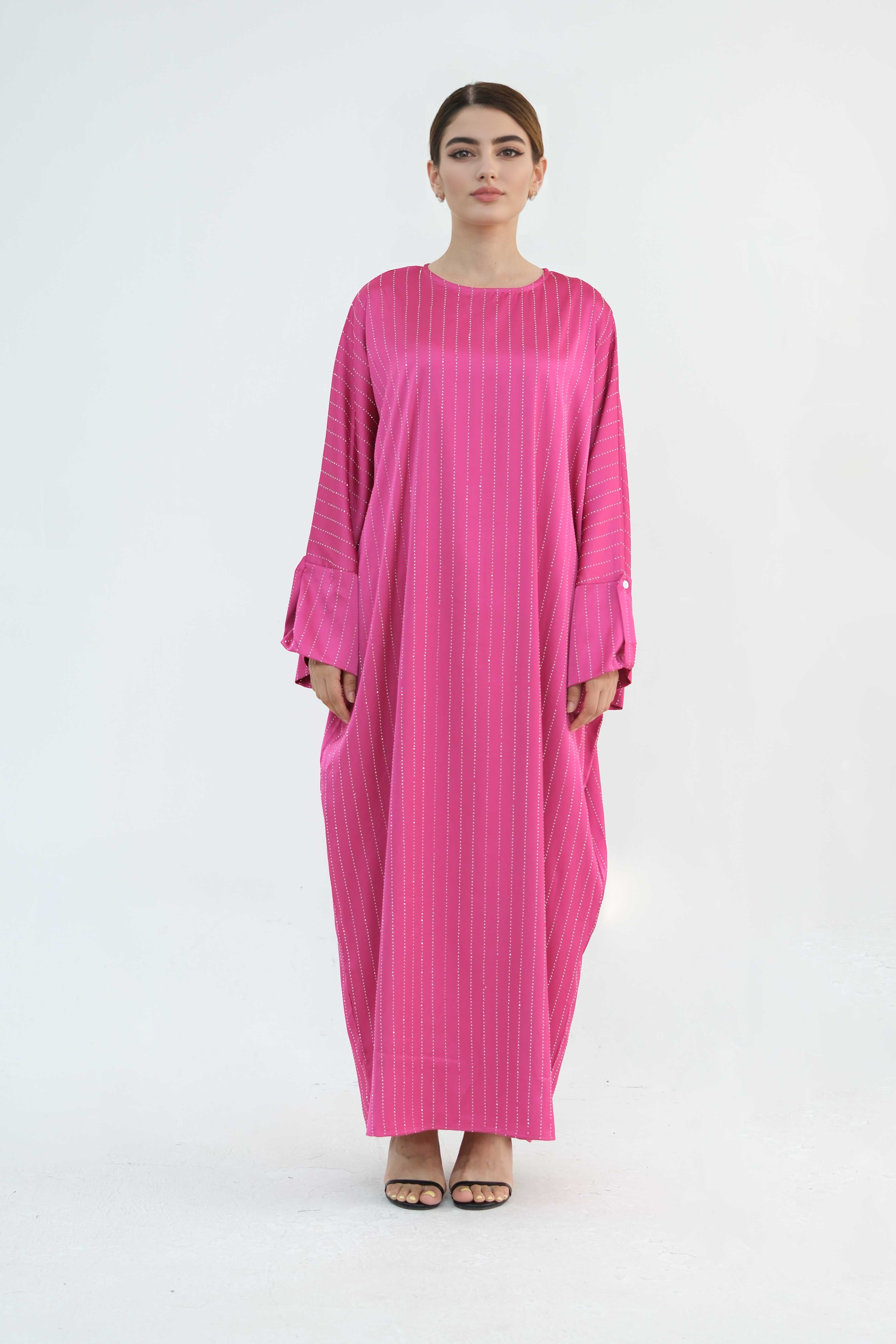 Naila Vertical Stripe Design Maxi Dress Abaya 884-Rose Red