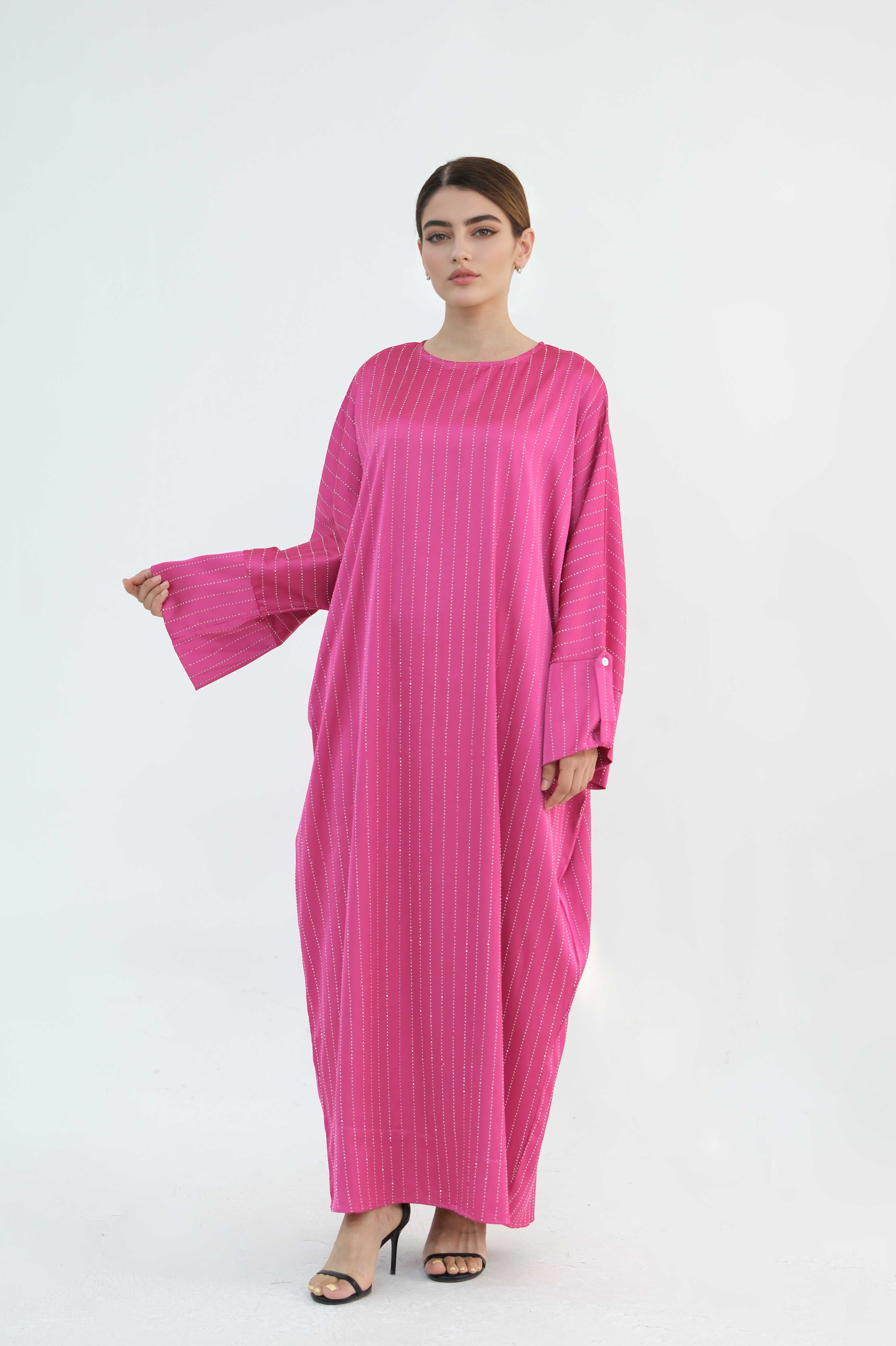 Naila Vertical Stripe Design Maxi Dress Abaya 884-Rose Red