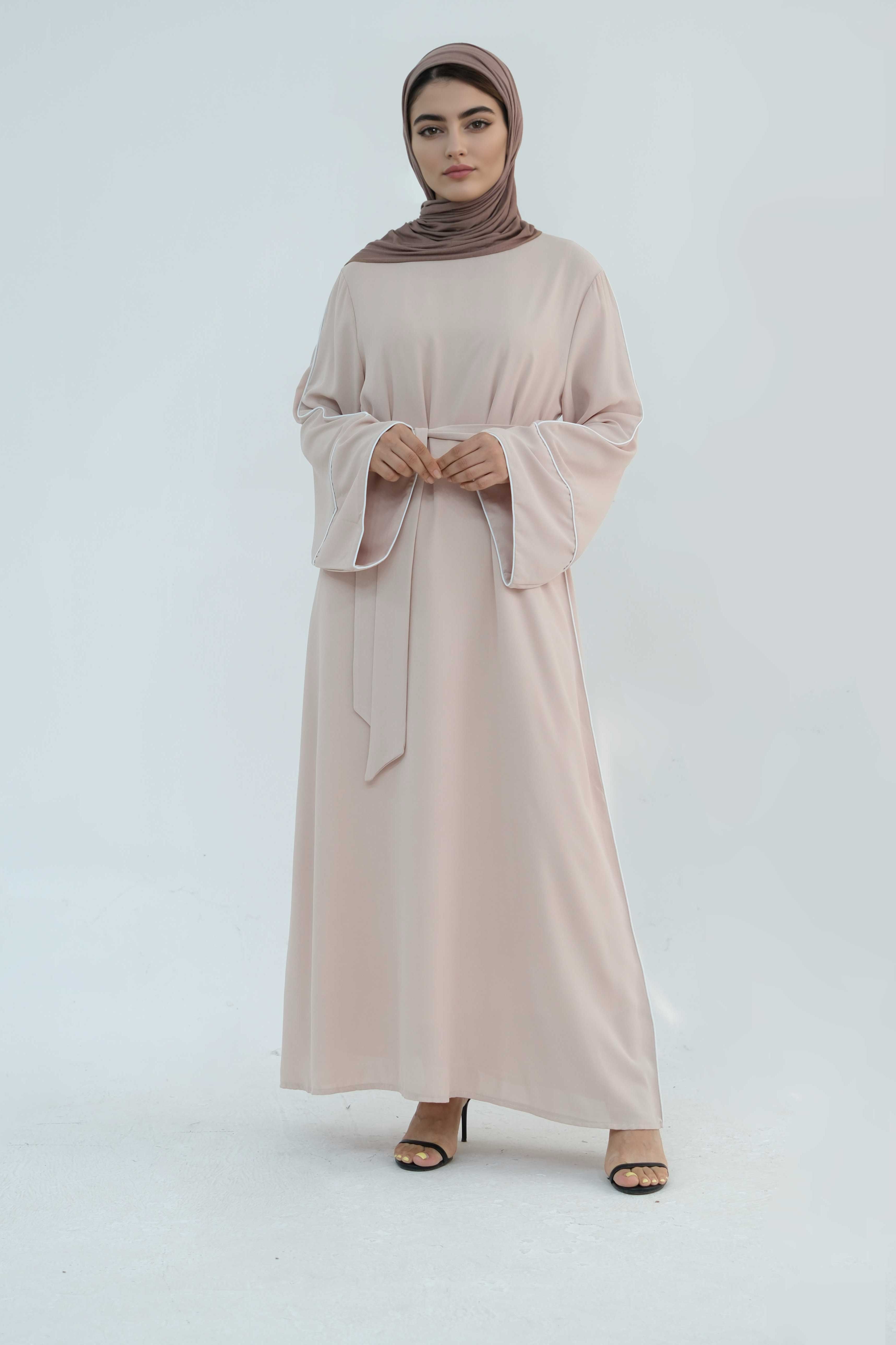 Alya Elegant Trimmed Abaya with Belt 882-Khaki