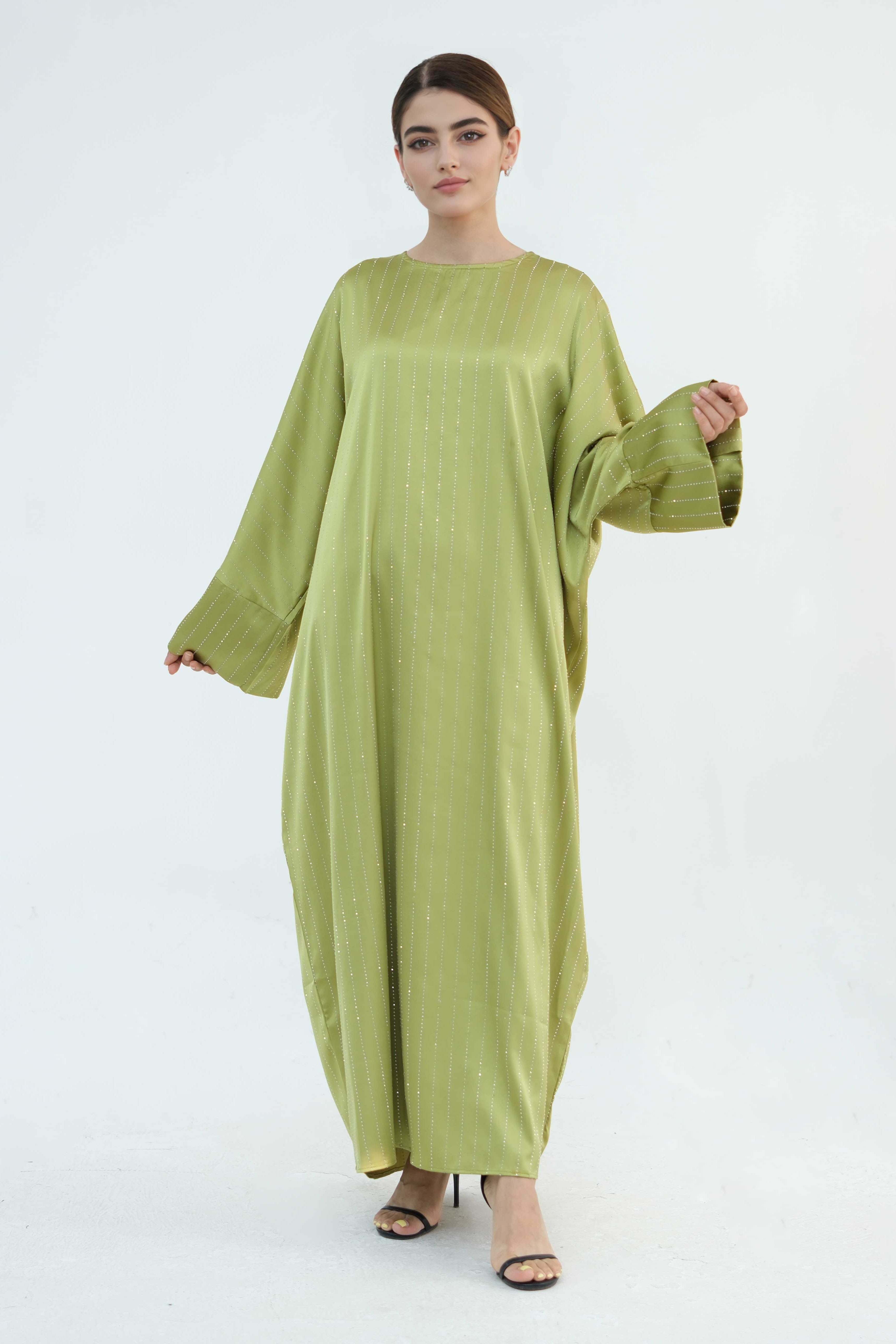 Naila Vertical Stripe Design Maxi Dress Abaya 884-Yellowish Green