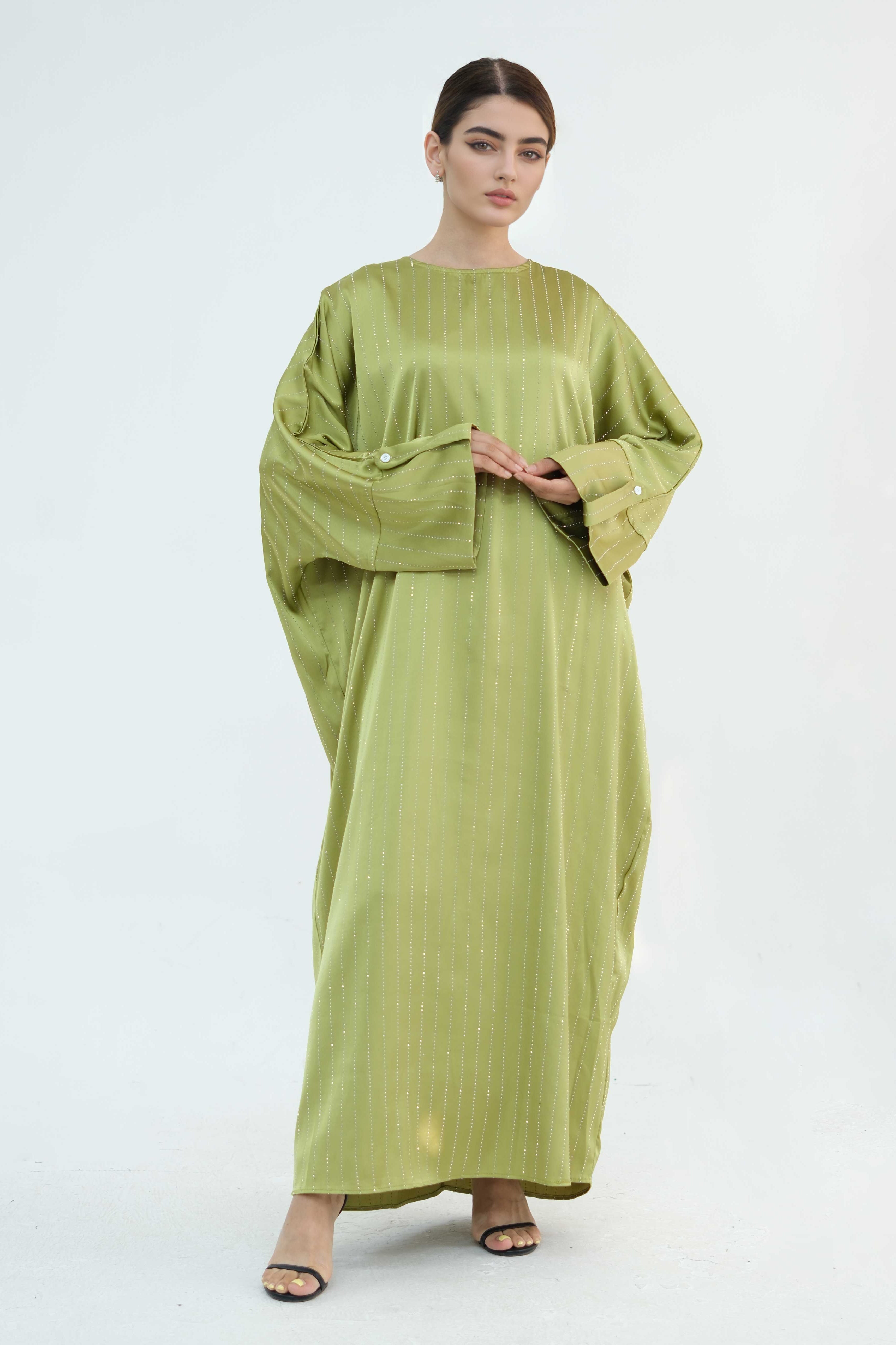 Naila Vertical Stripe Design Maxi Dress Abaya 884-Yellowish Green