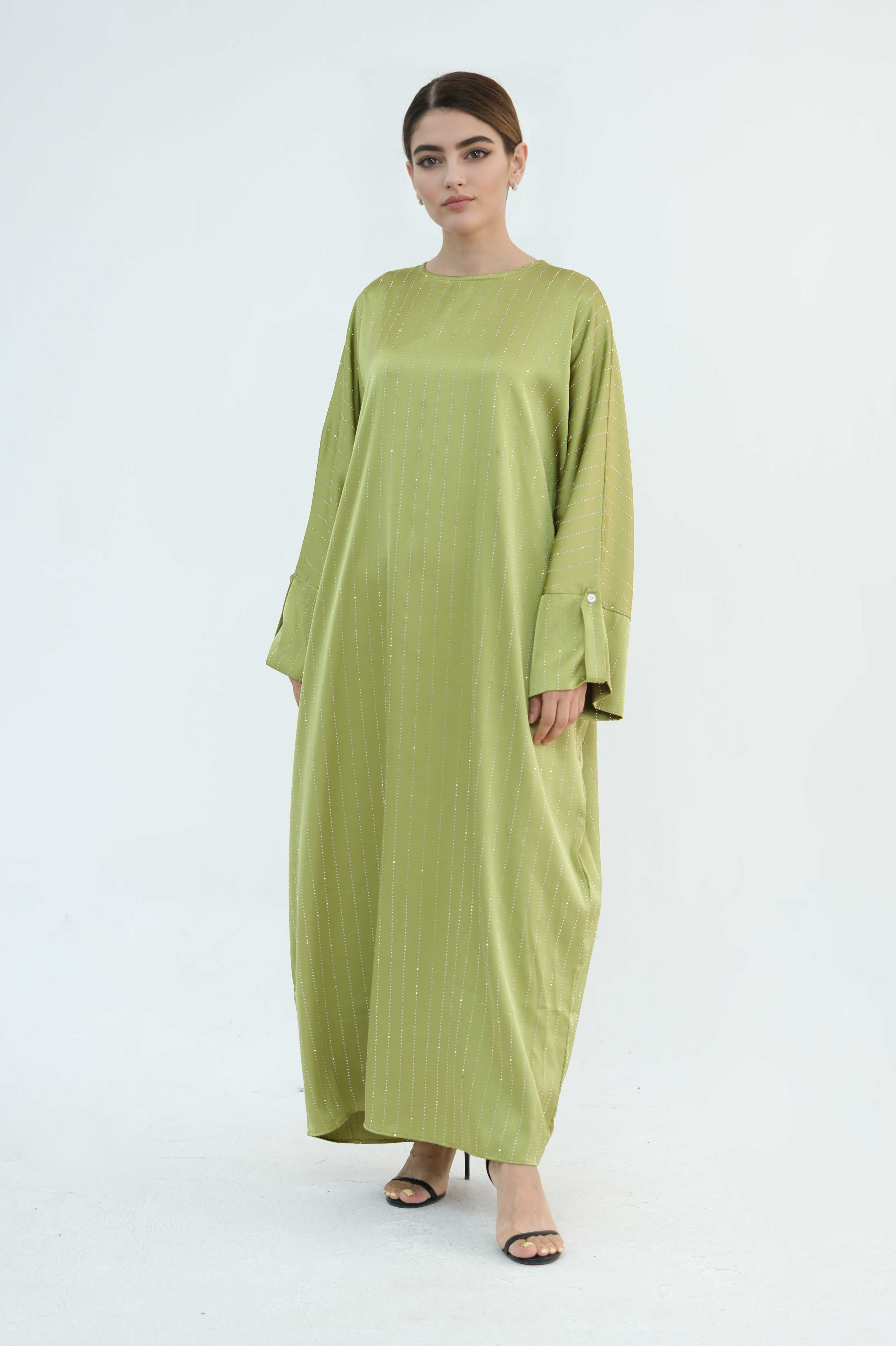 Naila Vertical Stripe Design Maxi Dress Abaya 884-Yellowish Green