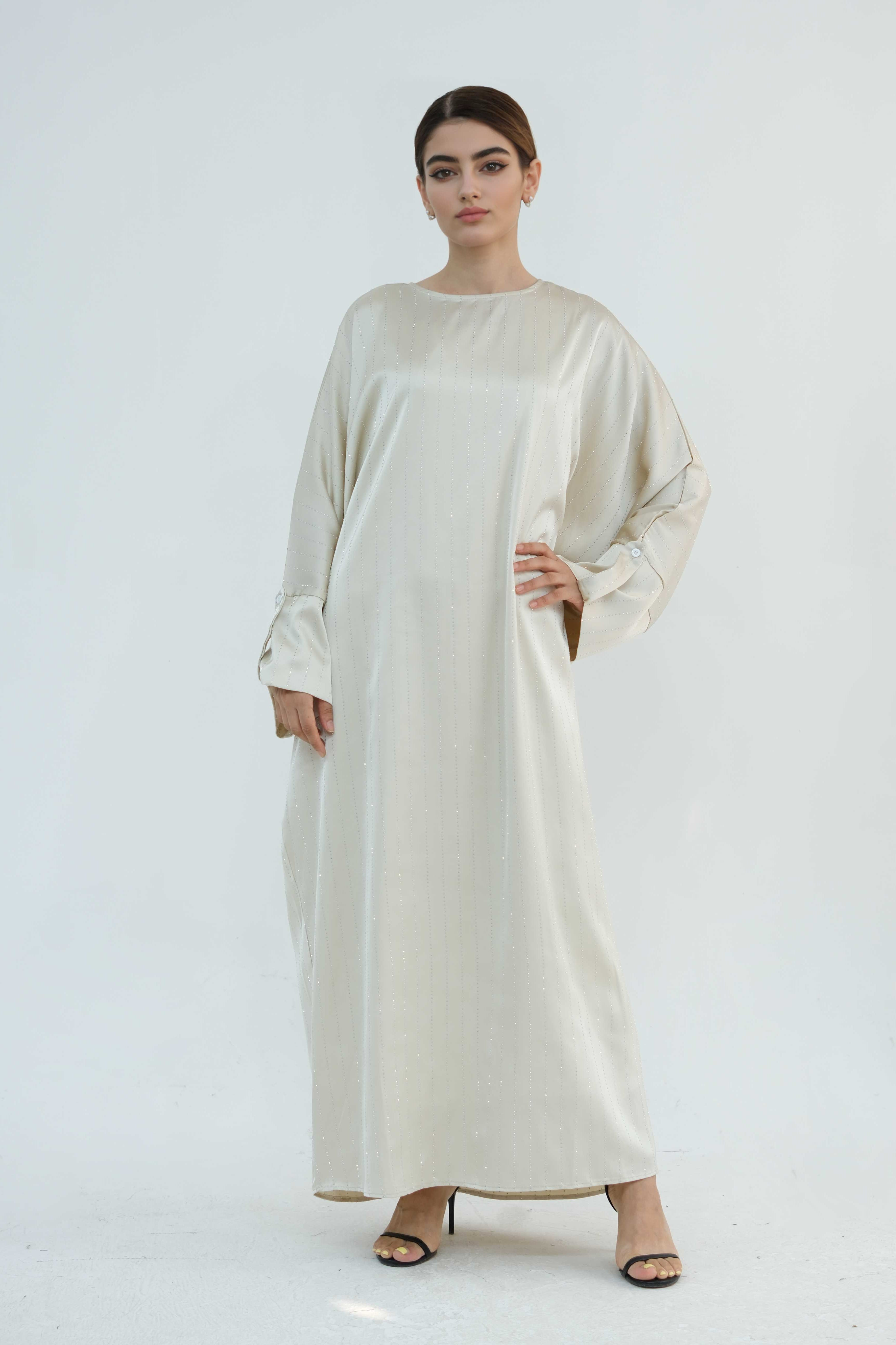 Naila Vertical Stripe Design Maxi Dress Abaya 884-Apricot