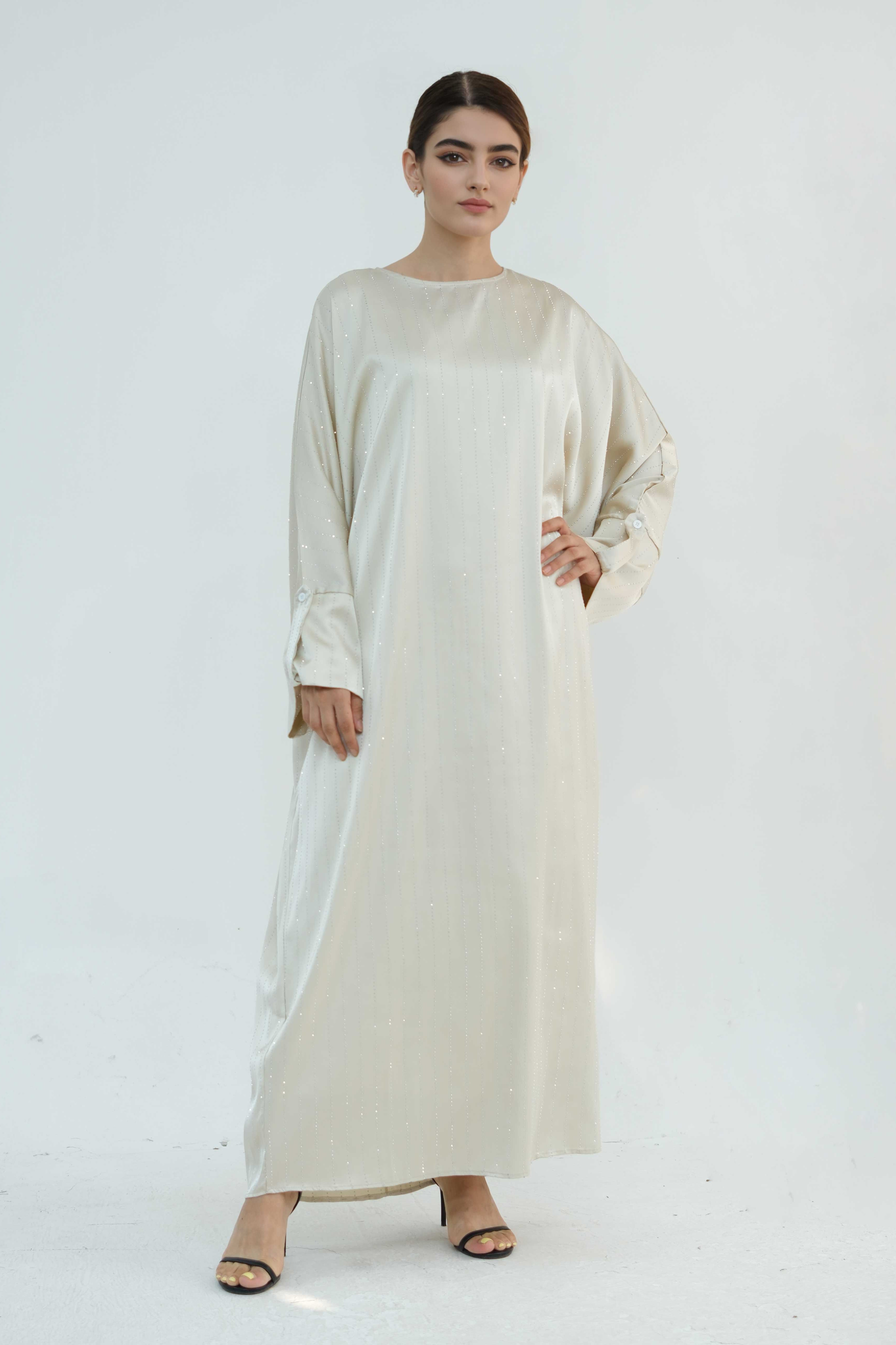 Naila Vertical Stripe Design Maxi Dress Abaya 884-Apricot