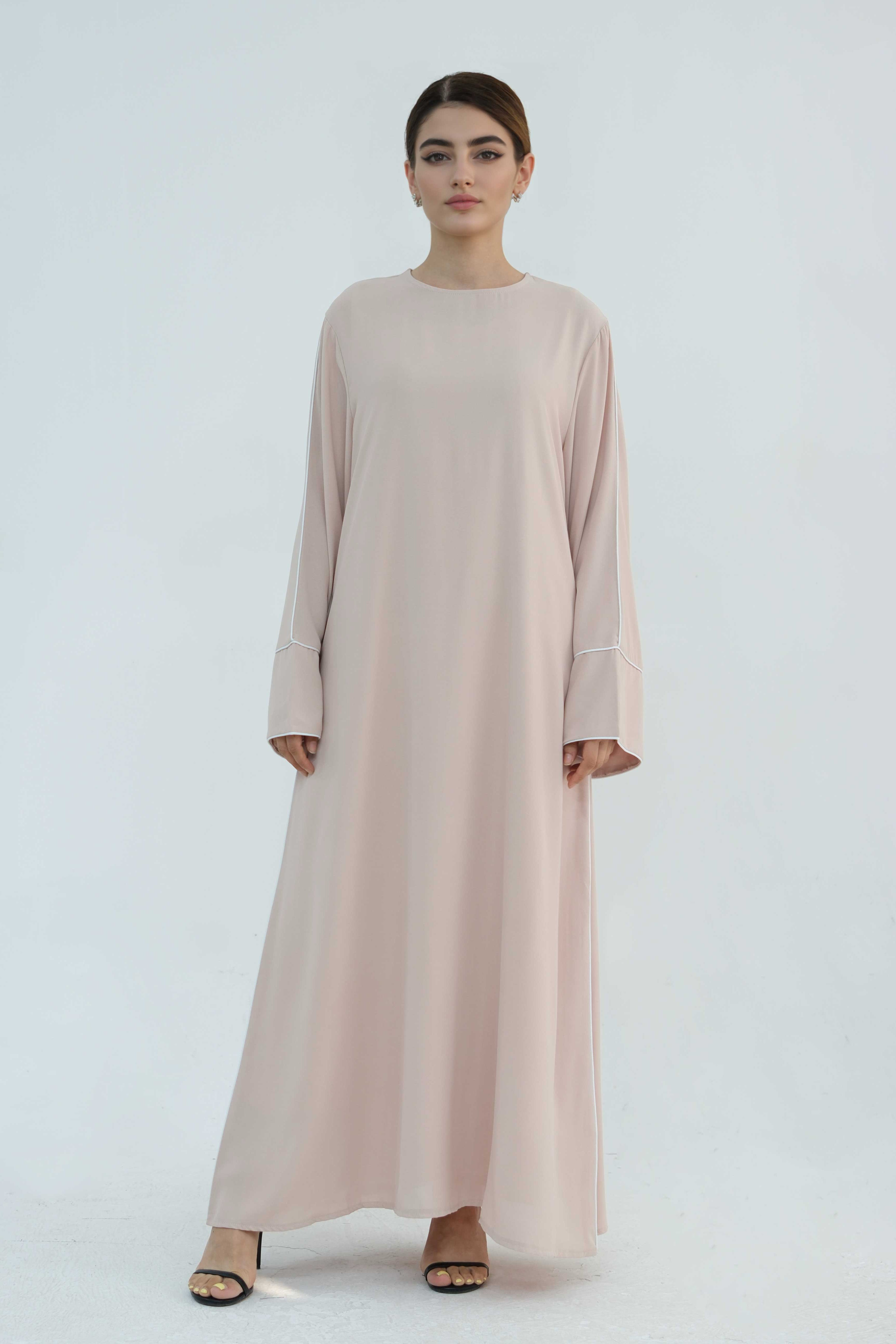 Alya Elegant Trimmed Abaya with Belt 882-Khaki