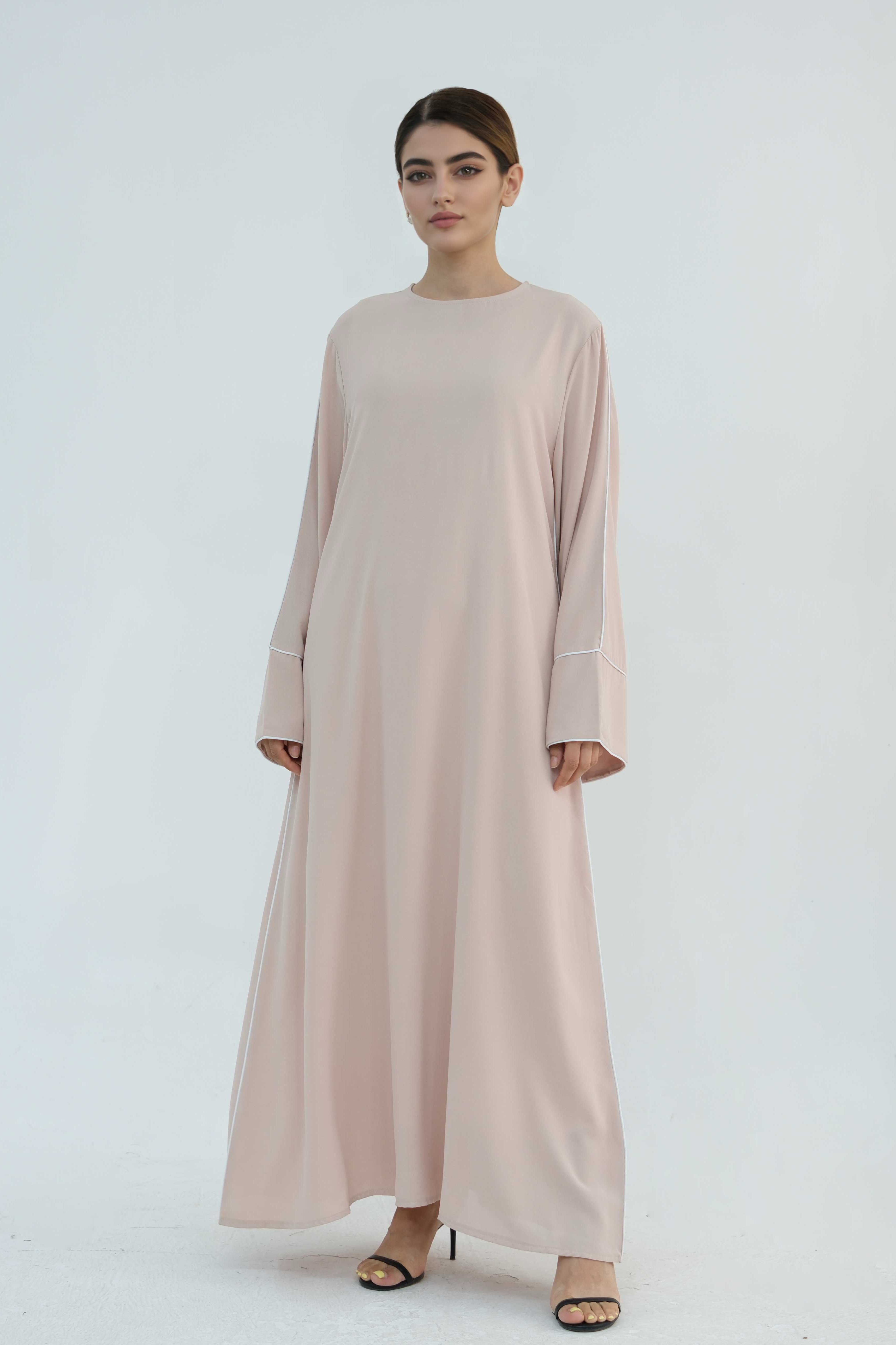 Alya Elegant Trimmed Abaya with Belt 882-Khaki