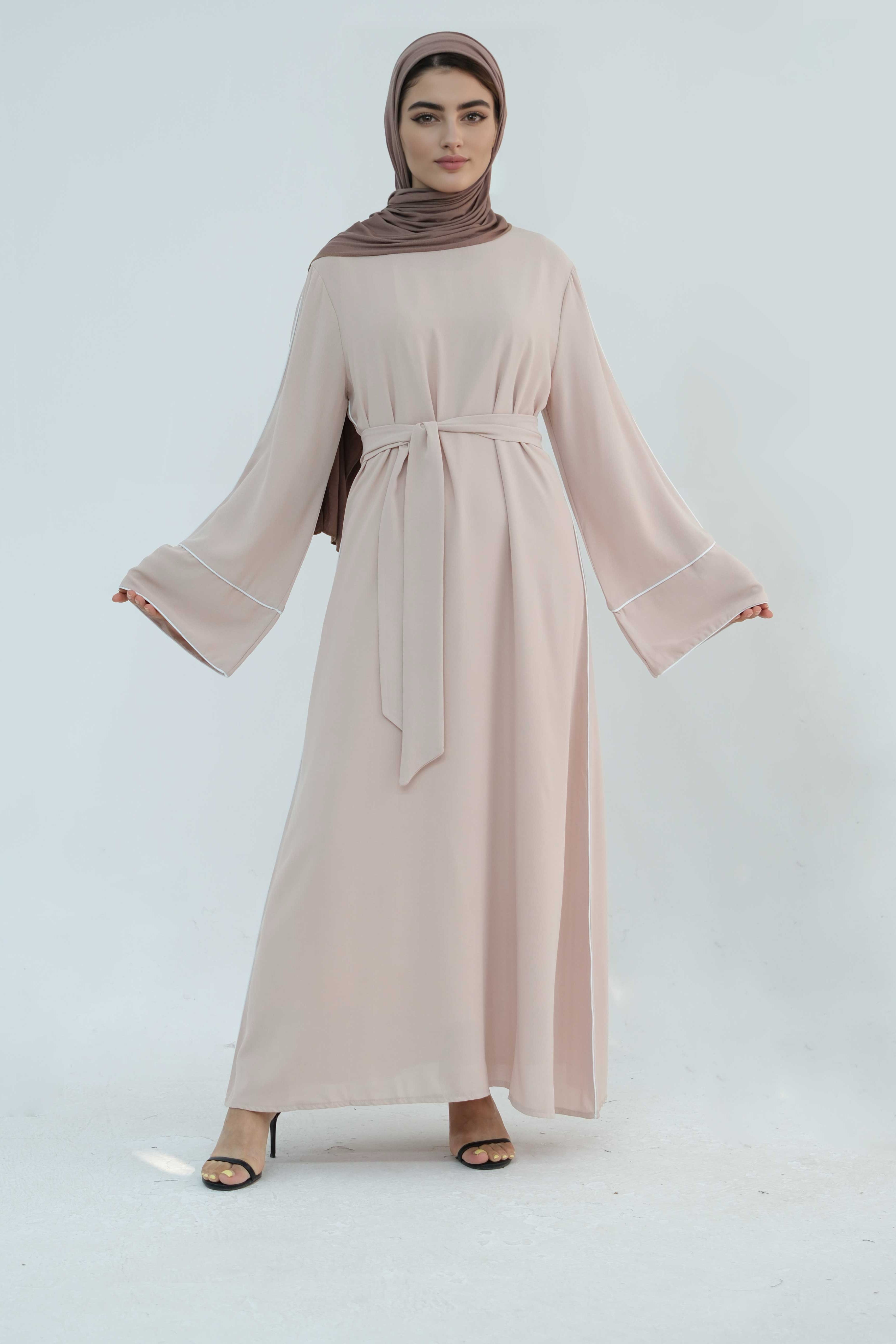 Alya Elegant Trimmed Abaya with Belt 882-Khaki