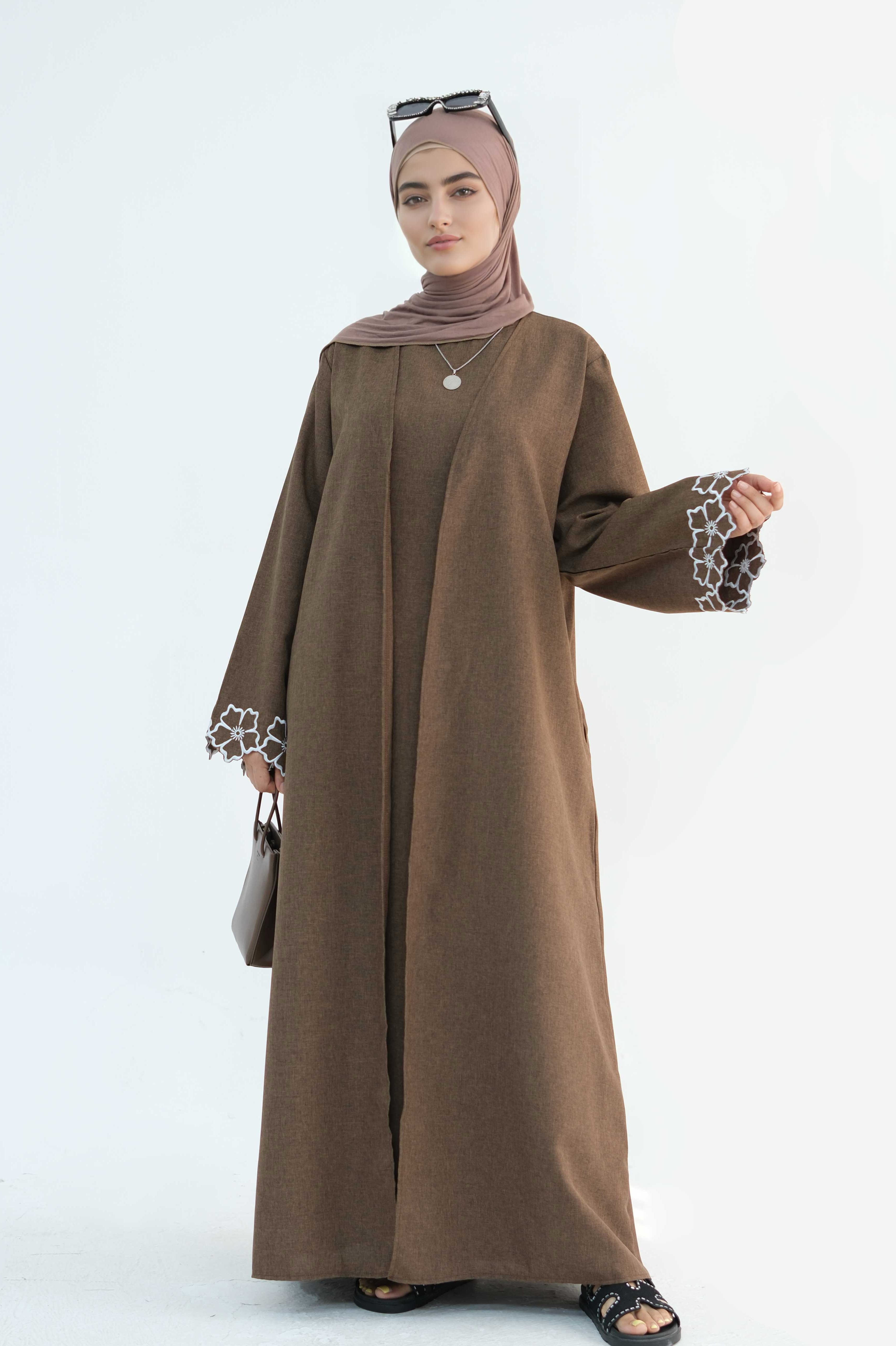 Anam Floral Embroidered Two-Piece Abaya Set 899+900 Coffee