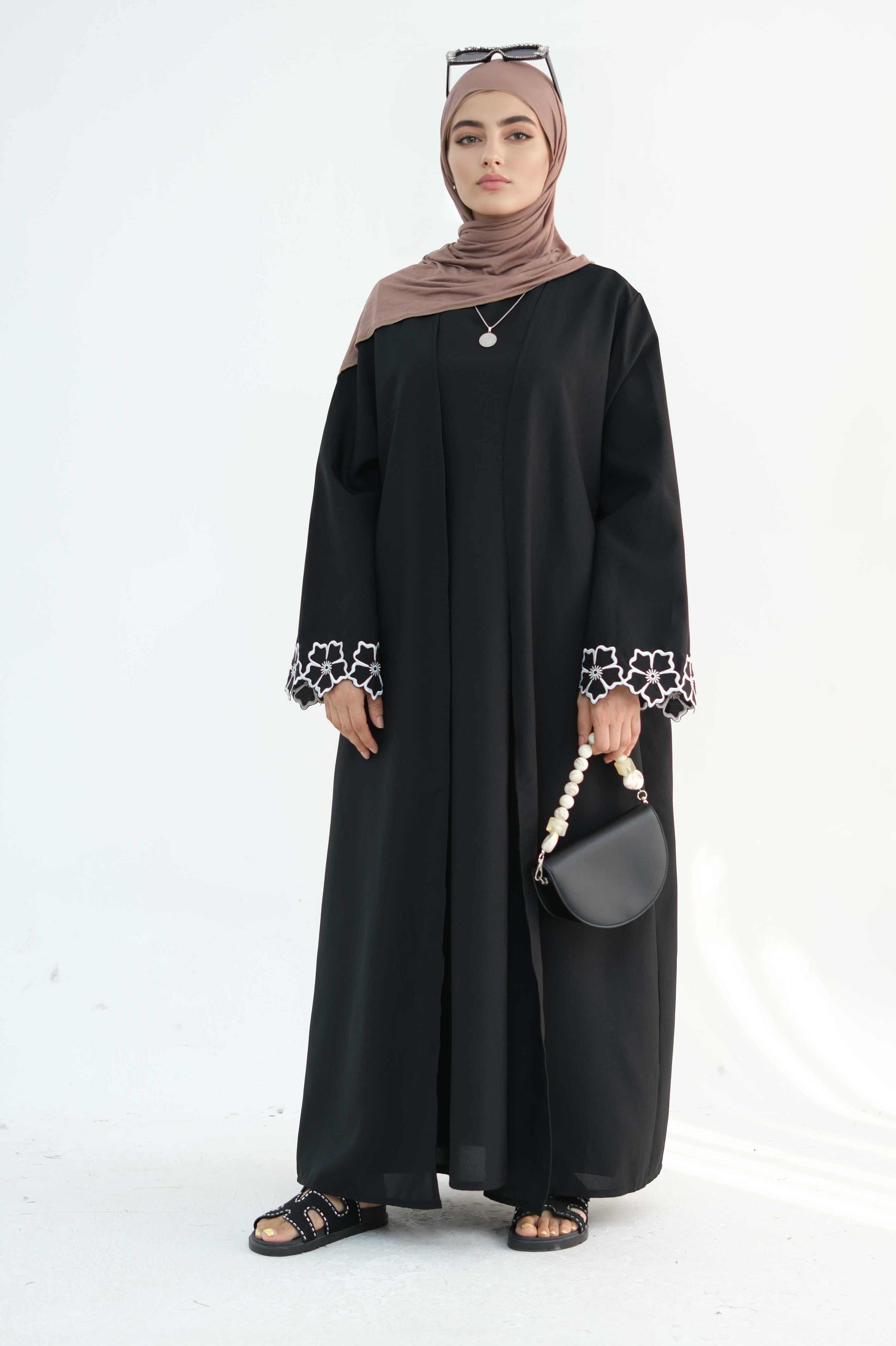 Anam Floral Embroidered Two-Piece Abaya Set 899+900 Black