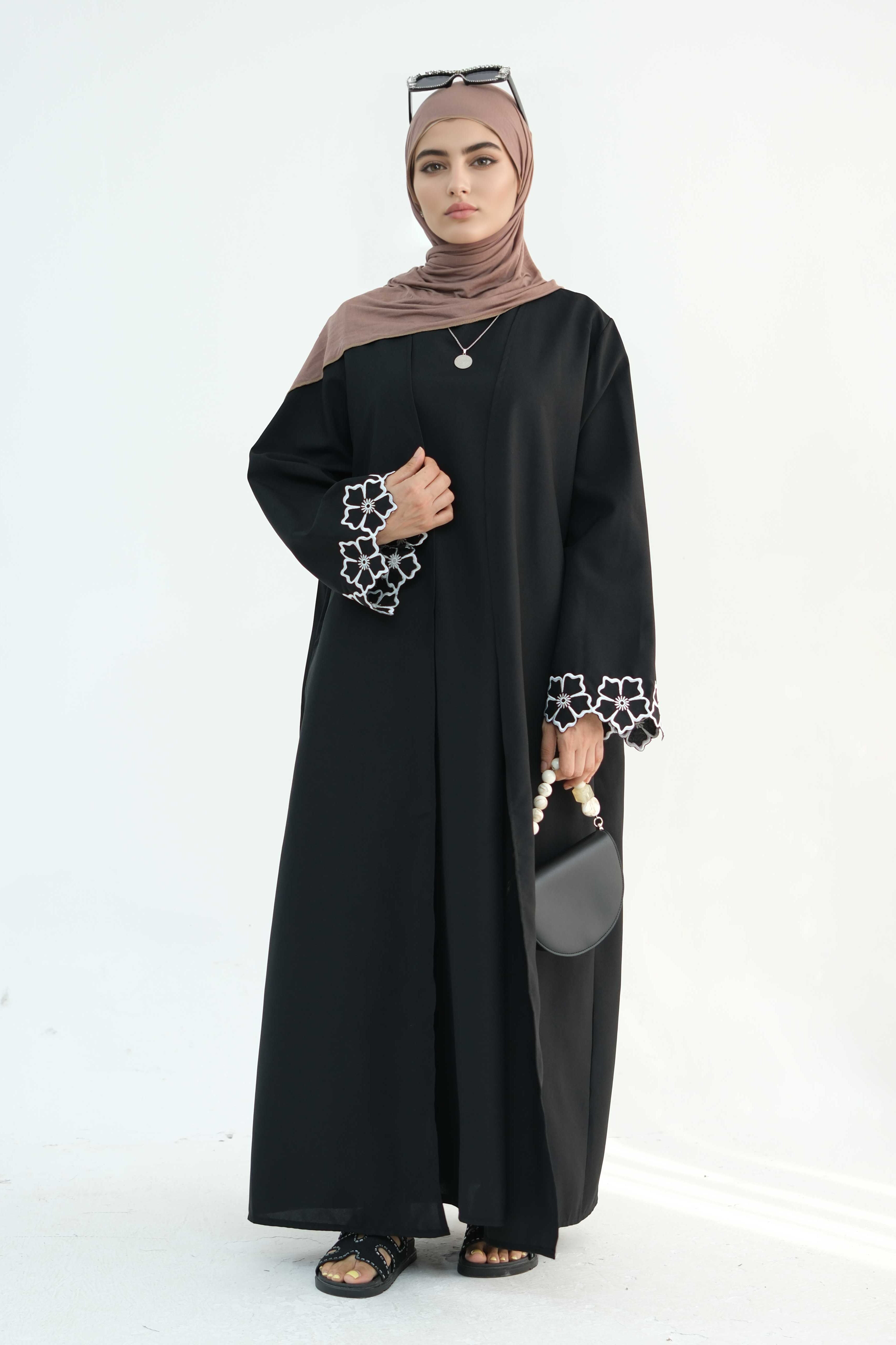 Anam Floral Embroidered Two-Piece Abaya Set 899+900 Black