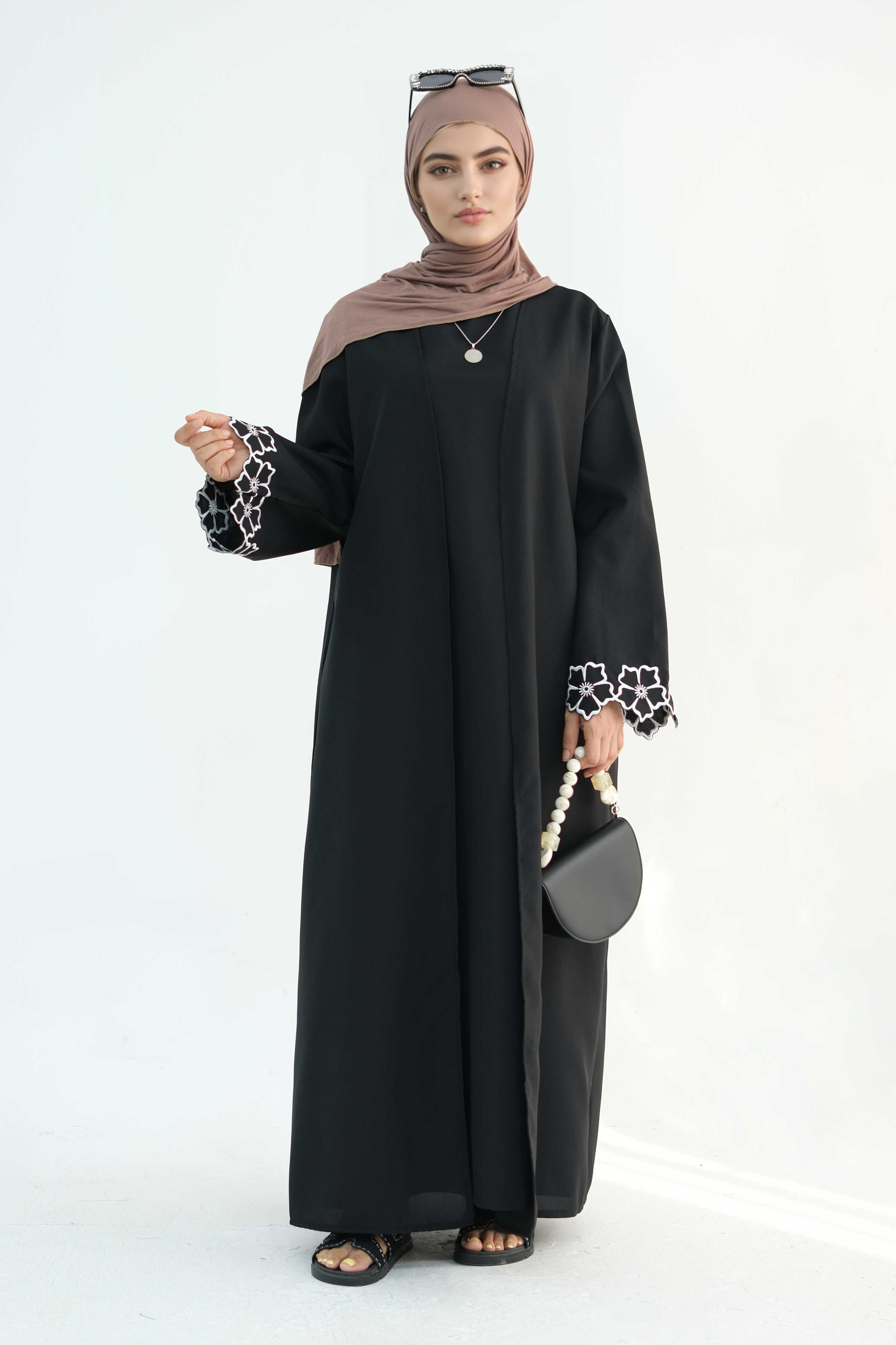 Anam Floral Embroidered Two-Piece Abaya Set 899+900 Black