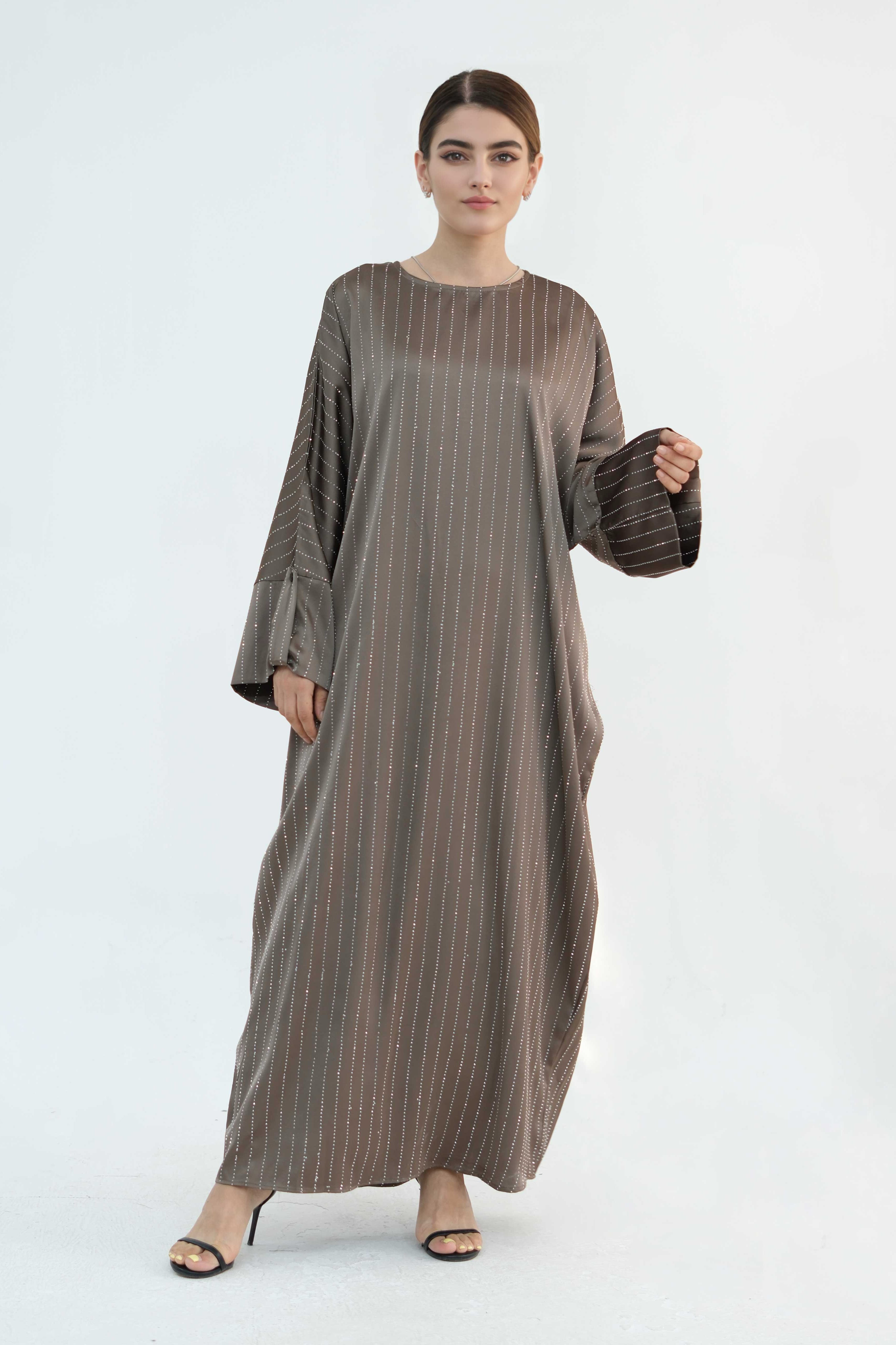 Naila Vertical Stripe Design Maxi Dress Abaya 884 -Khaki