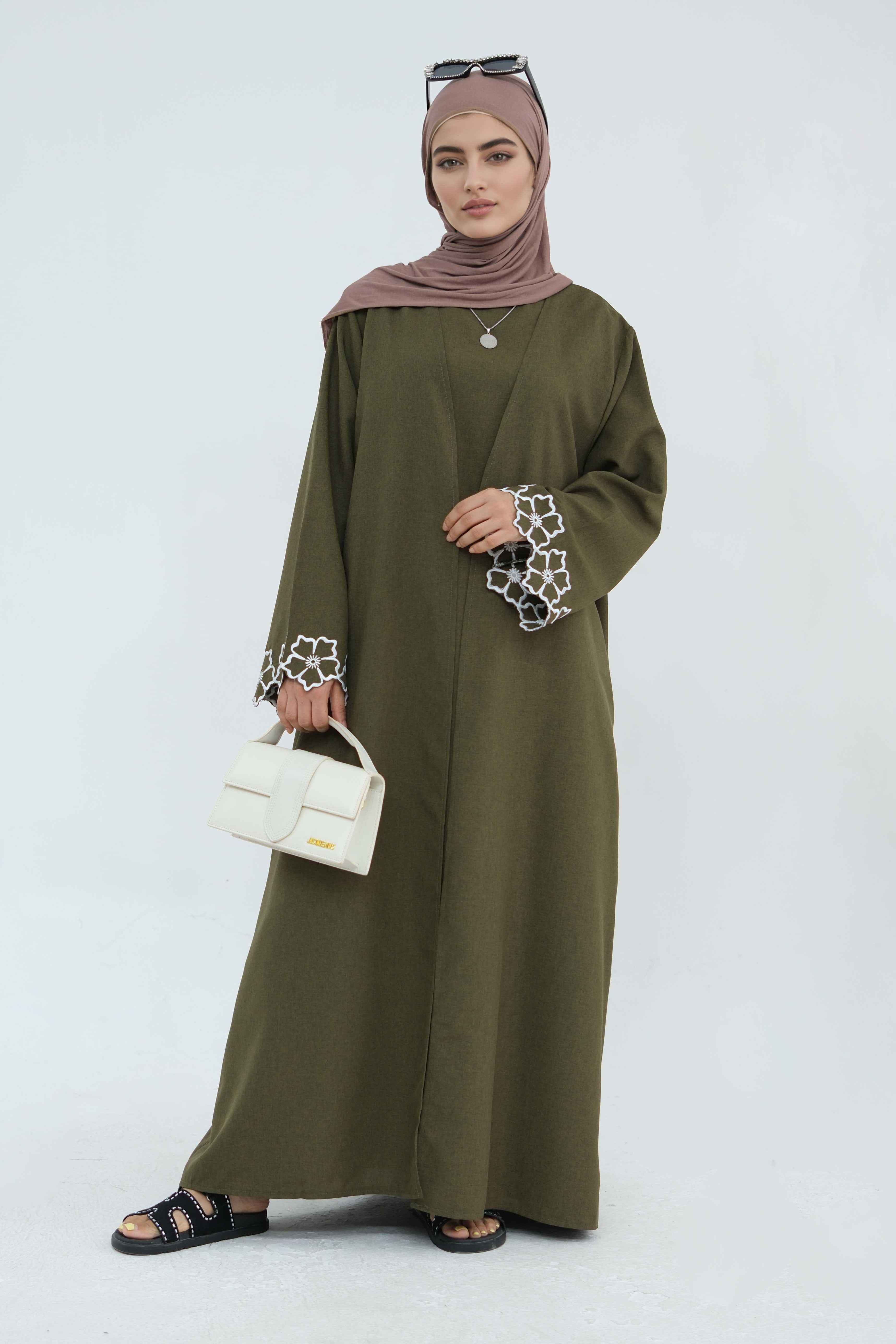 Anam Floral Embroidered Two-Piece Abaya Set 899+900-Army Green