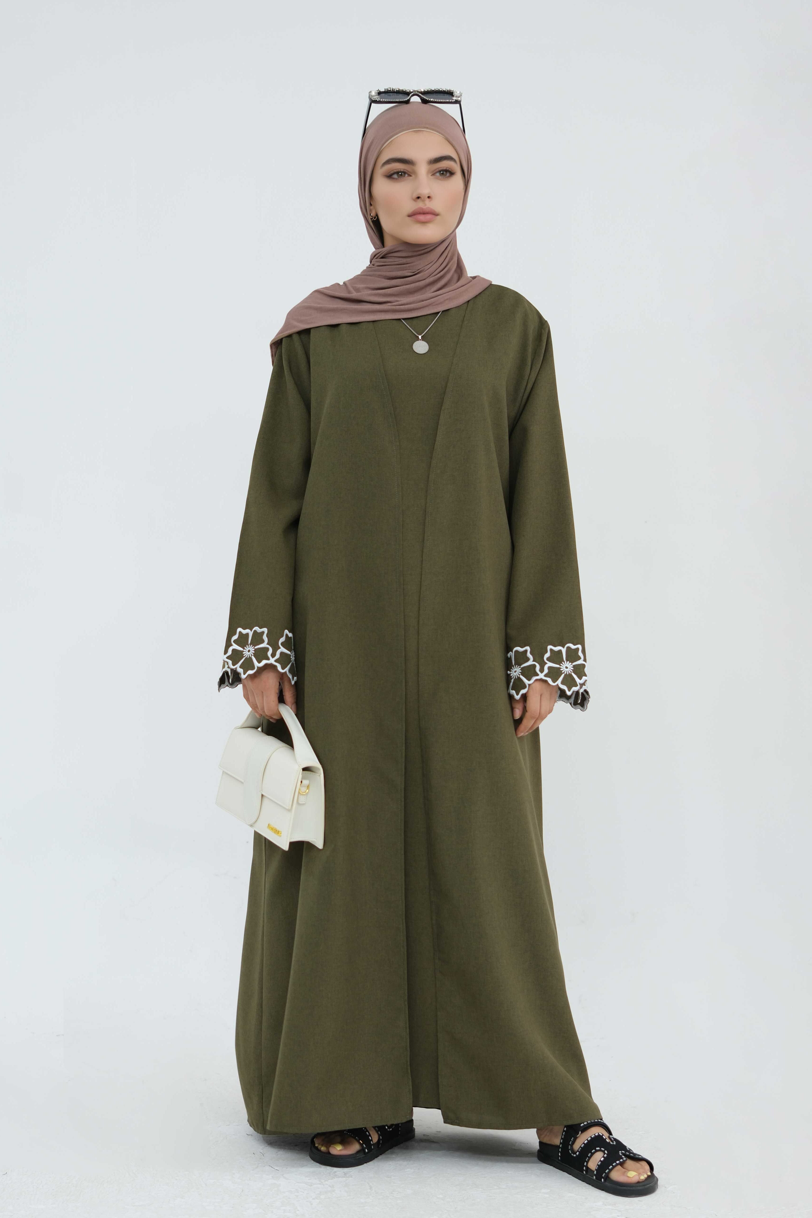 Anam Floral Embroidered Two-Piece Abaya Set 899+900-Army Green