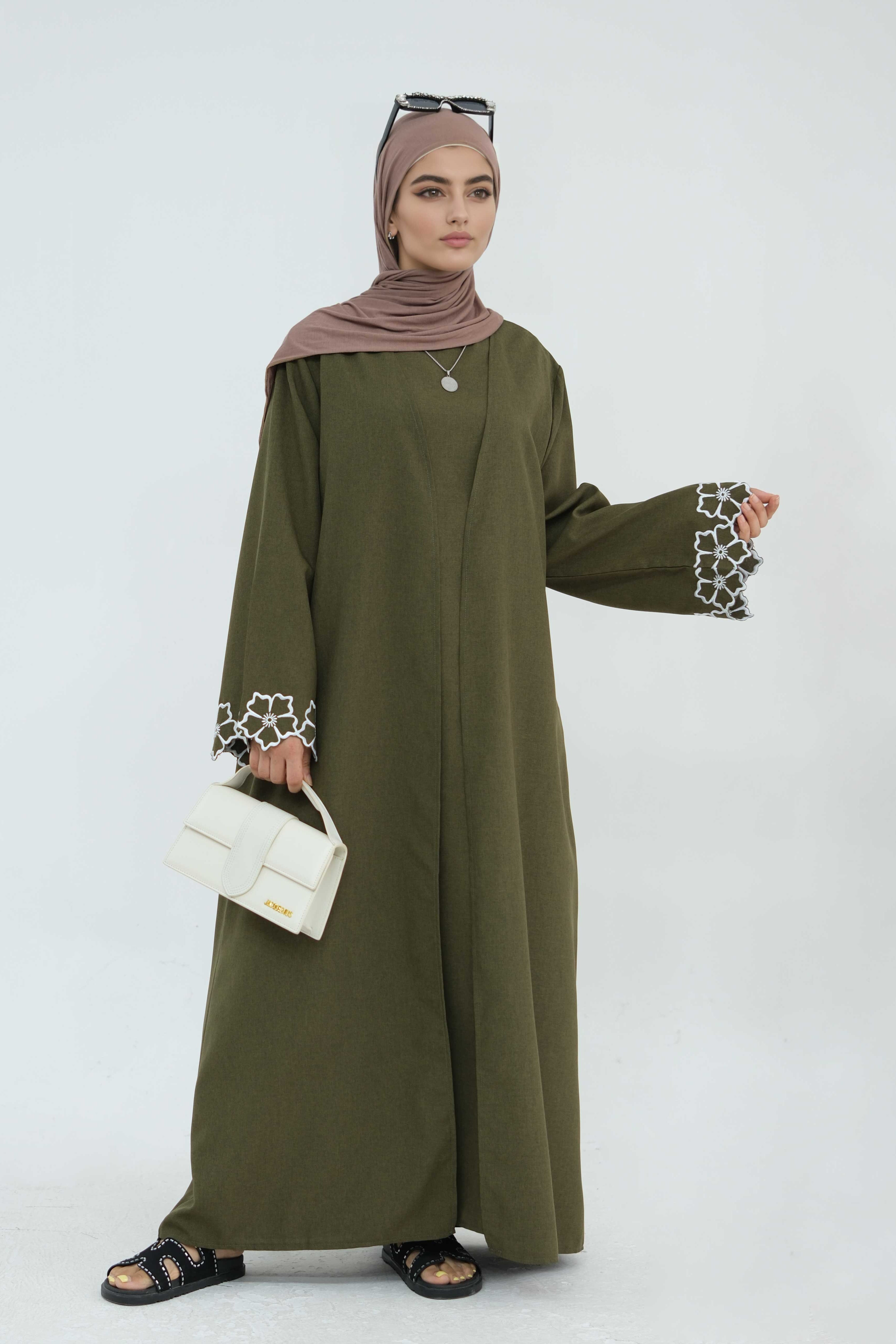 Anam Floral Embroidered Two-Piece Abaya Set 899+900-Army Green