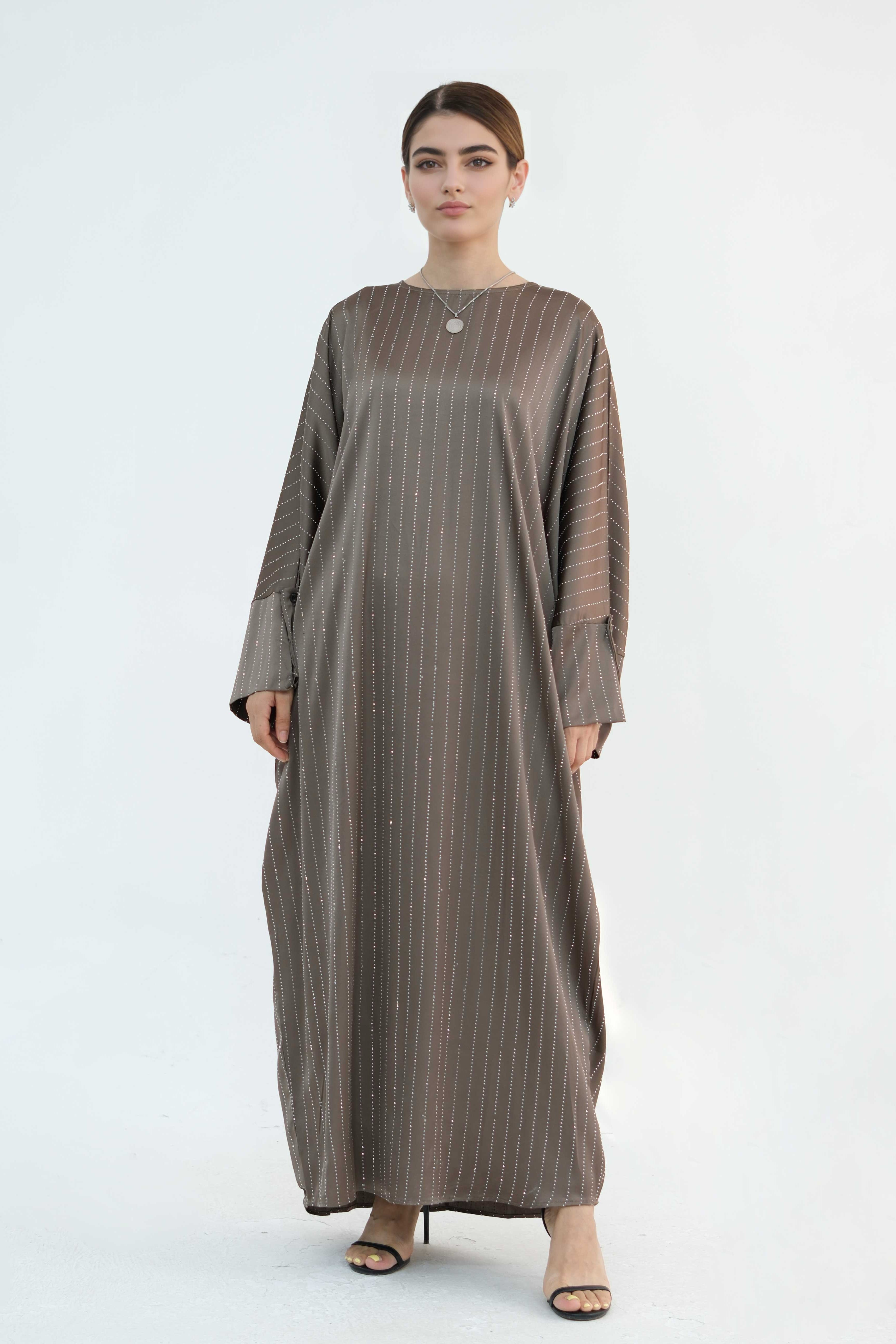 Naila Vertical Stripe Design Maxi Dress Abaya 884 -Khaki