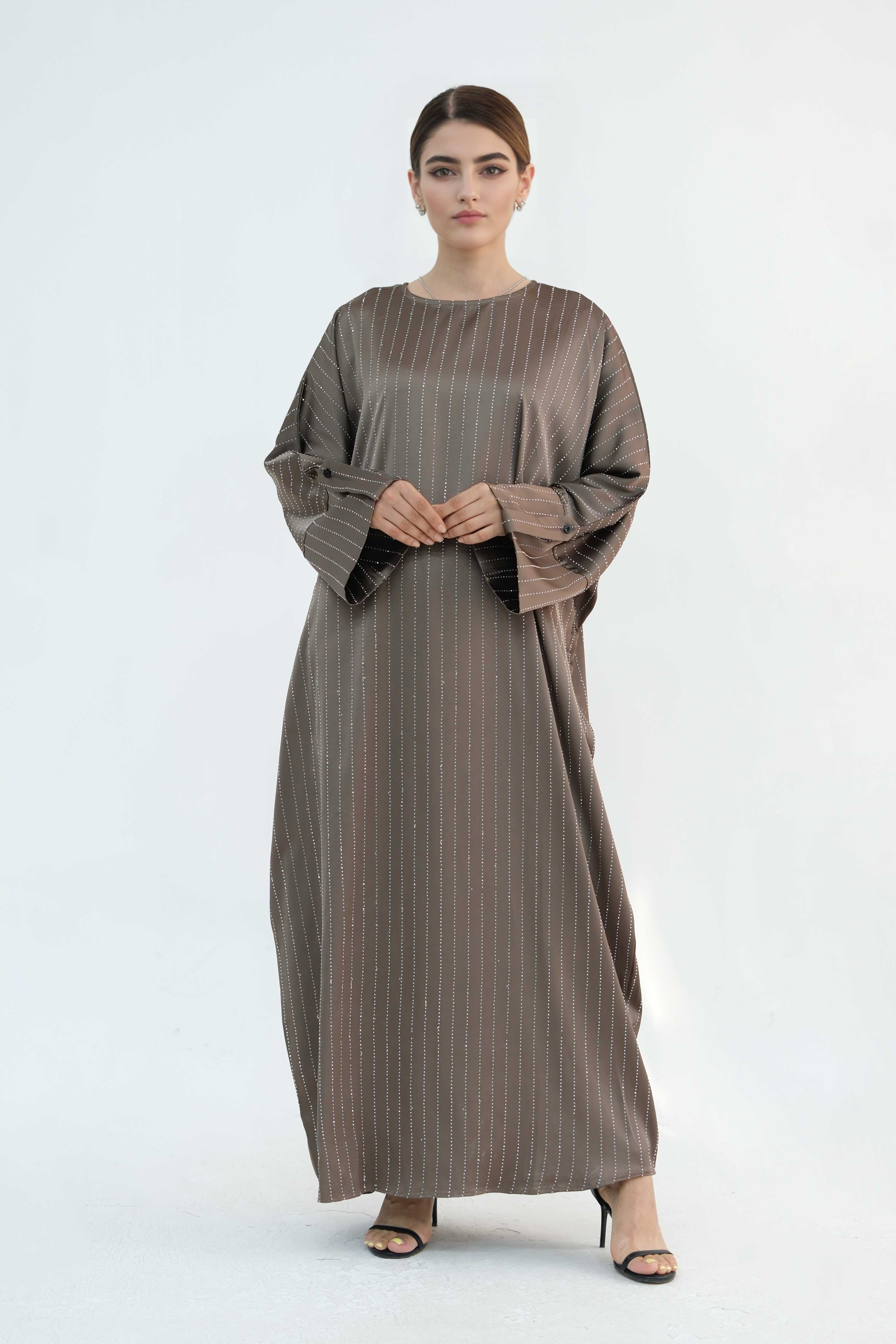 Naila Vertical Stripe Design Maxi Dress Abaya 884 -Khaki