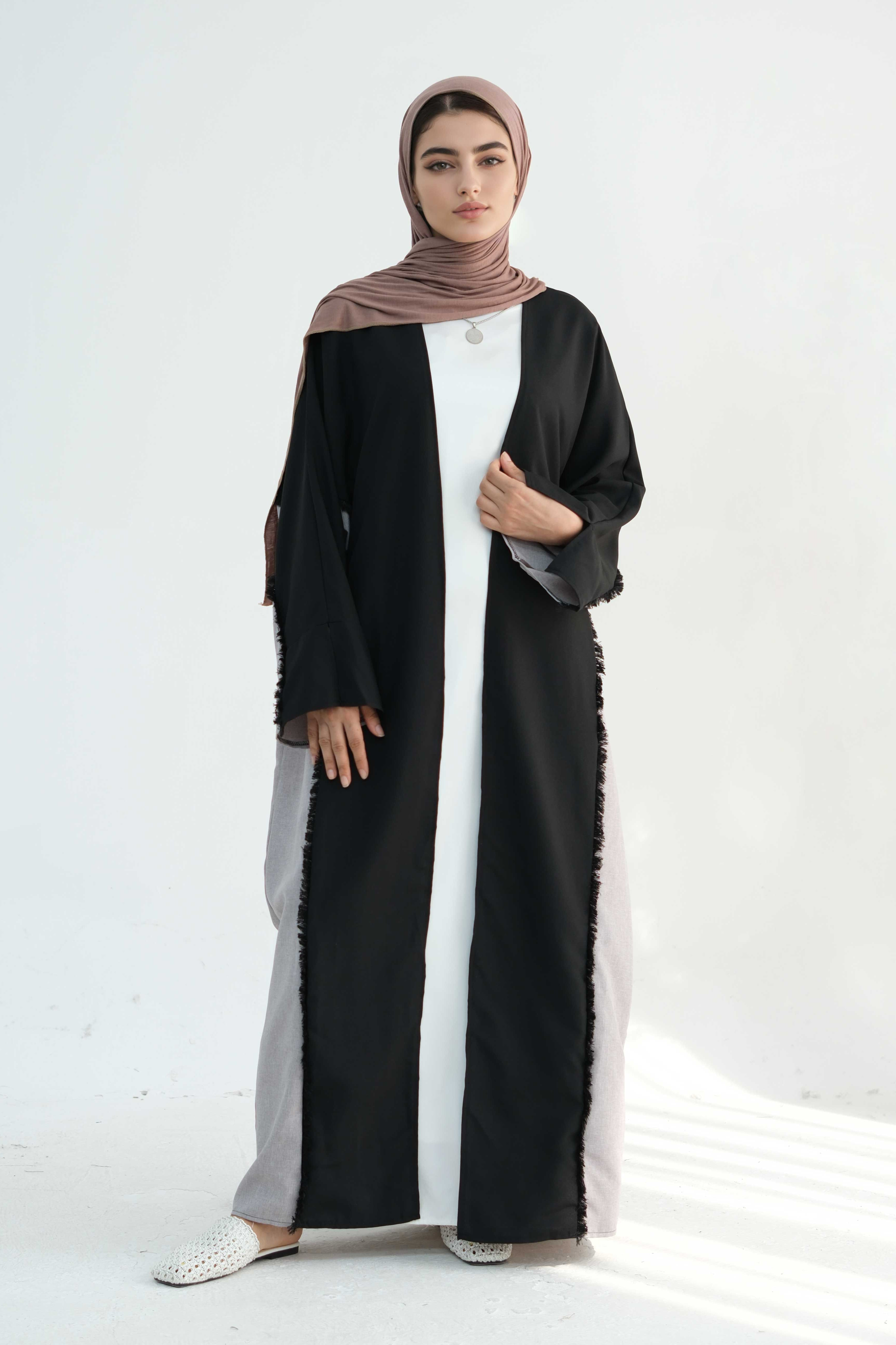 Dariya Two-Tone Fringe Trim Open Abaya 898-Black