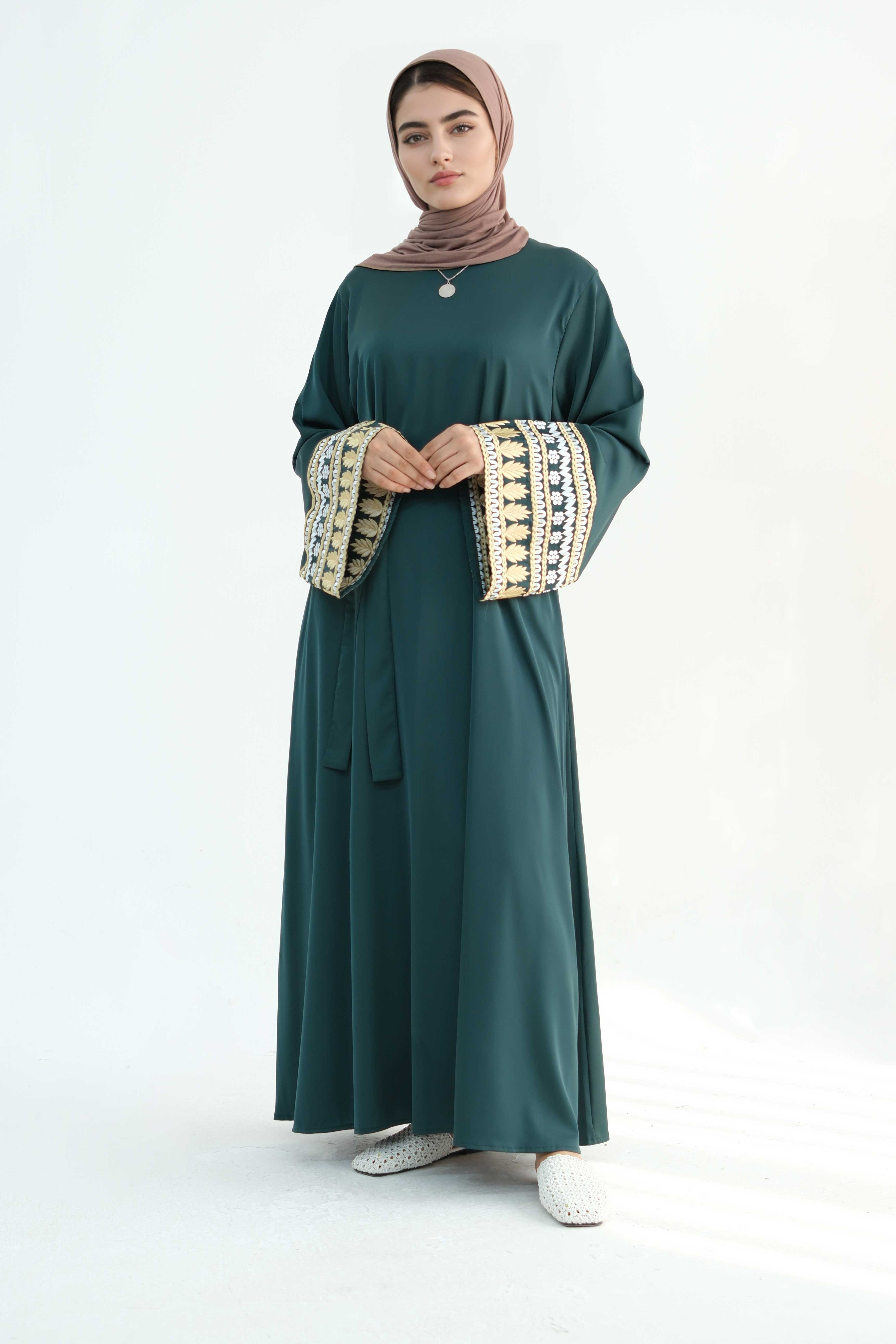 Sabreen Embroidered Maxi Dress Abaya with belt 880 - Dark Green