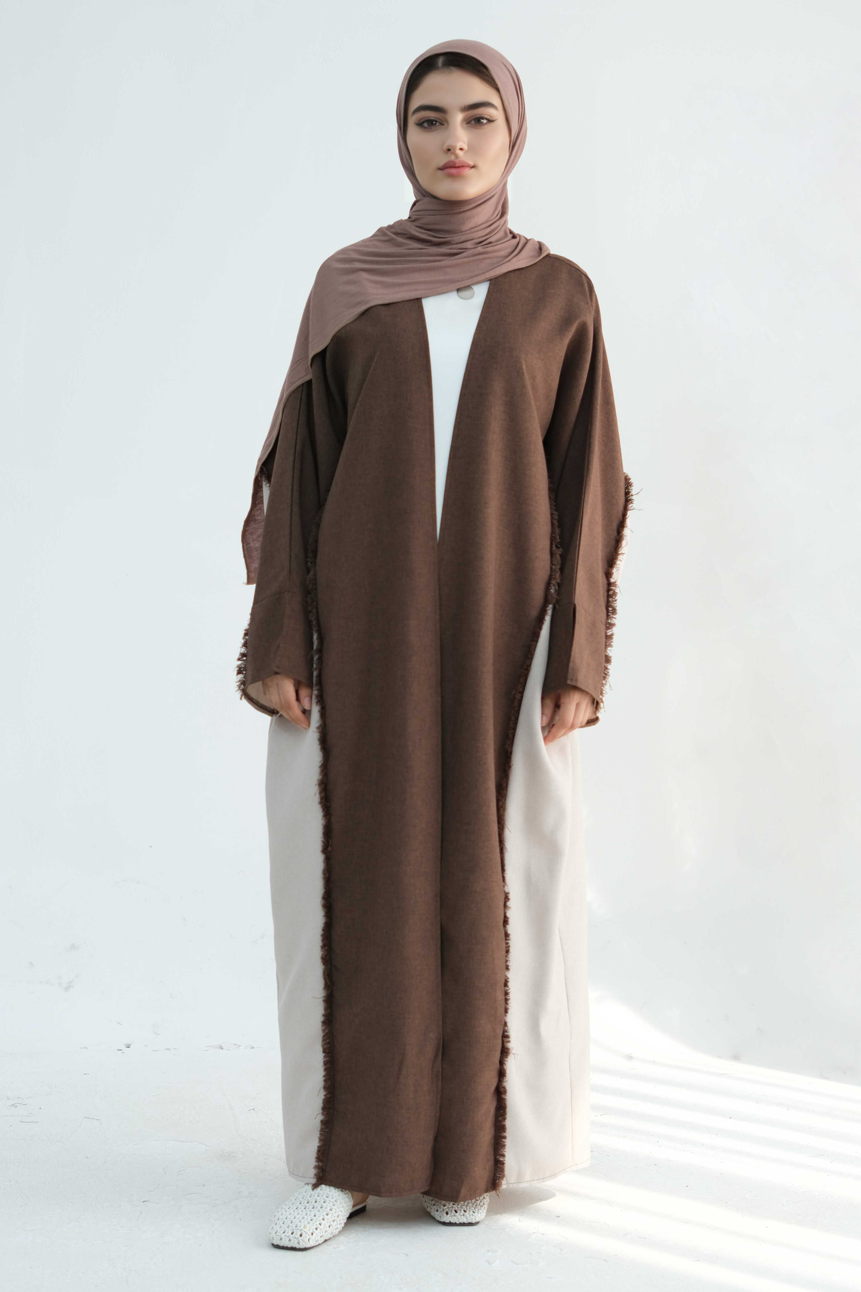 Dariya Two-Tone Fringe Trim Open Abaya 898-Coffee