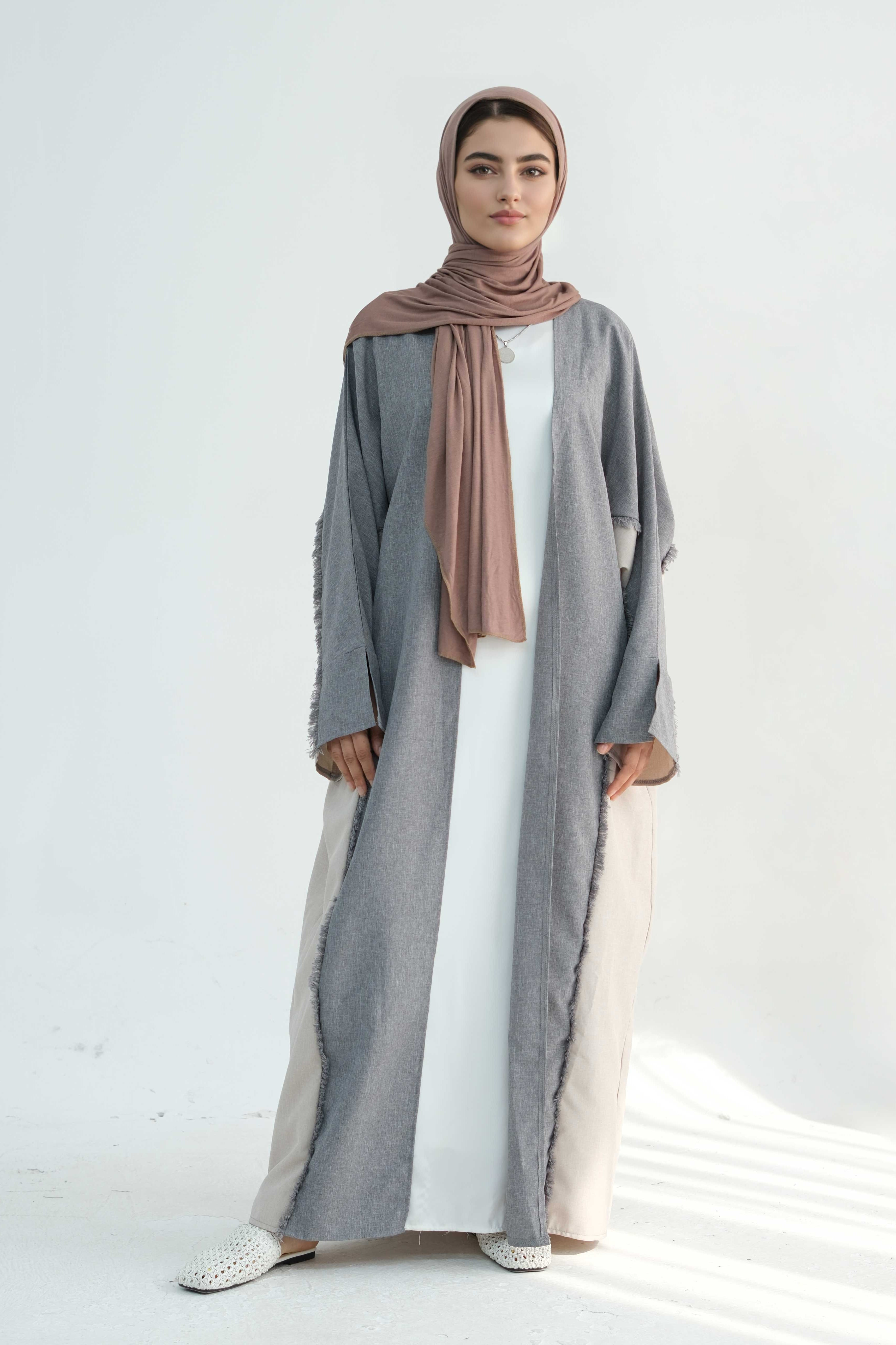 Dariya Two-Tone Fringe Trim Open Abaya 898-Grey